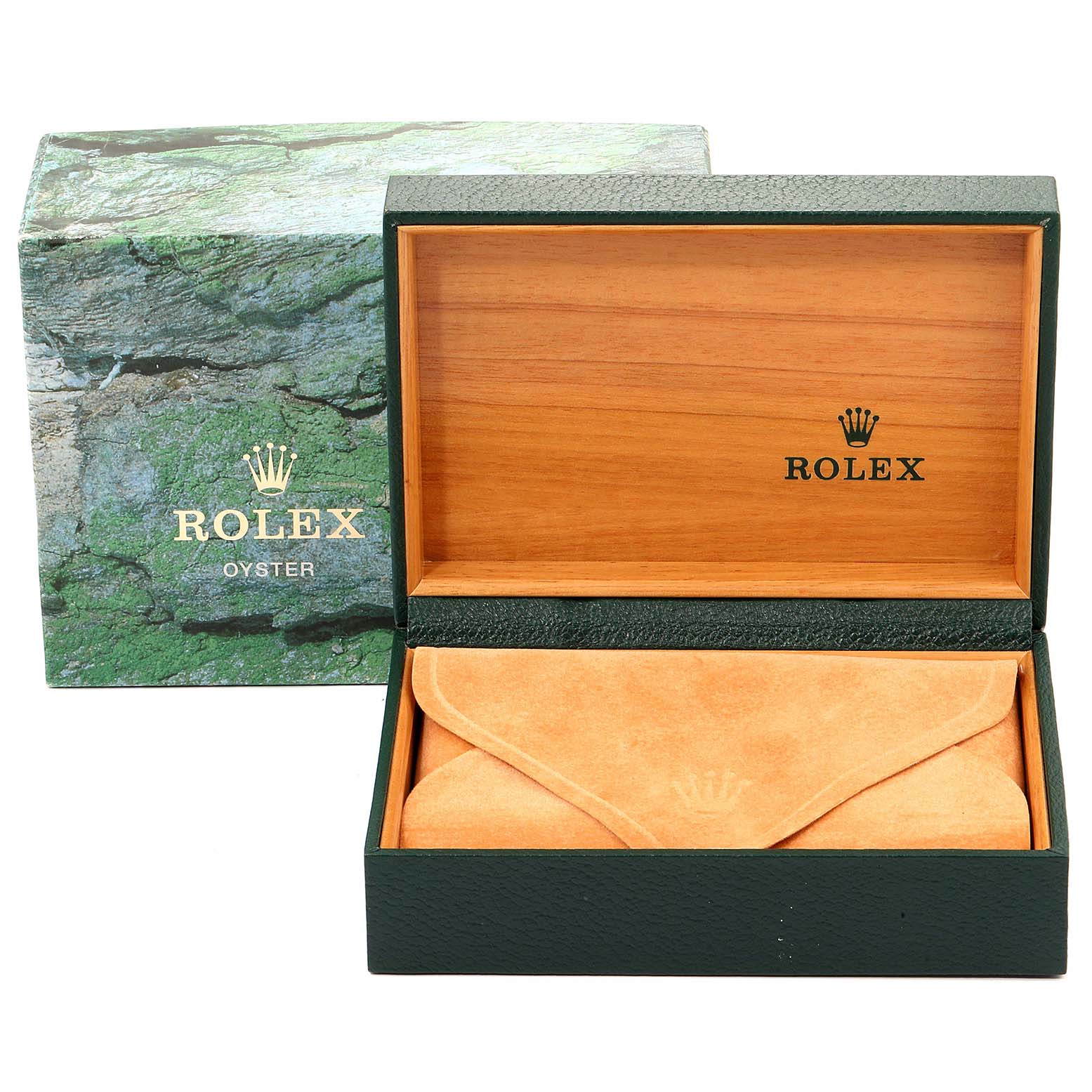 The image shows an open Rolex Air-King 14010 Men's Stainless Steel Black Dial 14010 Men's Stainless Steel Black Dial watch box, with an outer green textured box and an inner wooden-lined box with a suede pouch.