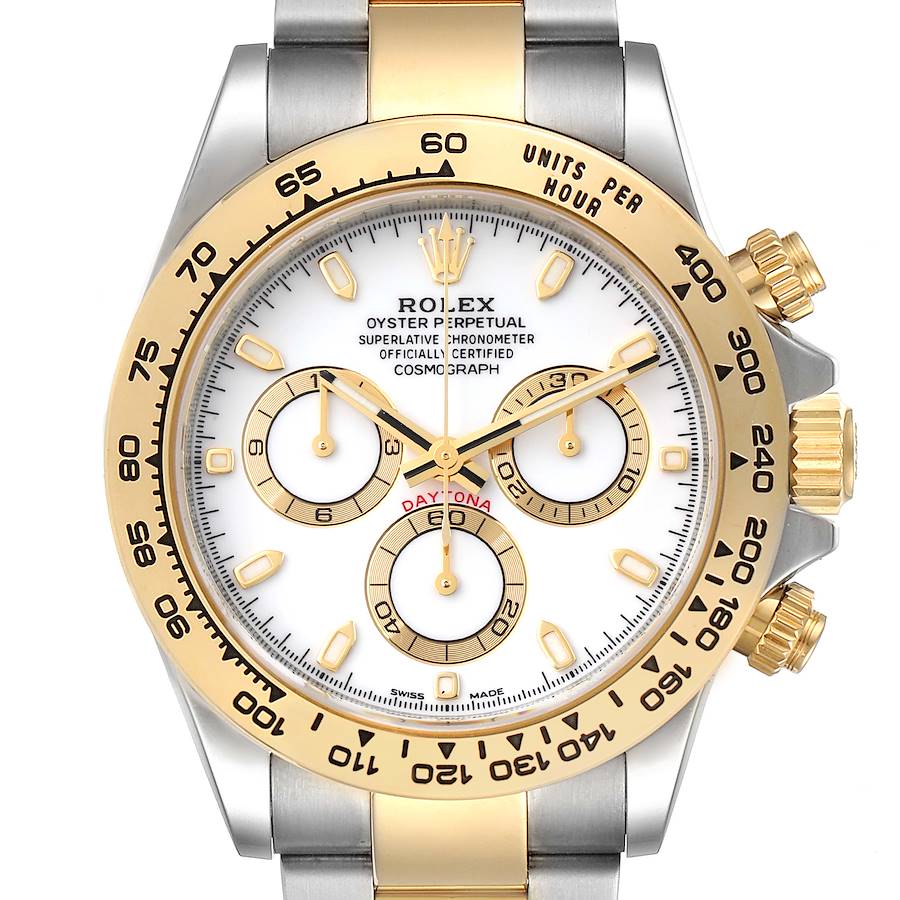 The Rolex Daytona watch is shown from the front, displaying the face, subdials, bezel, and part of the bracelet.