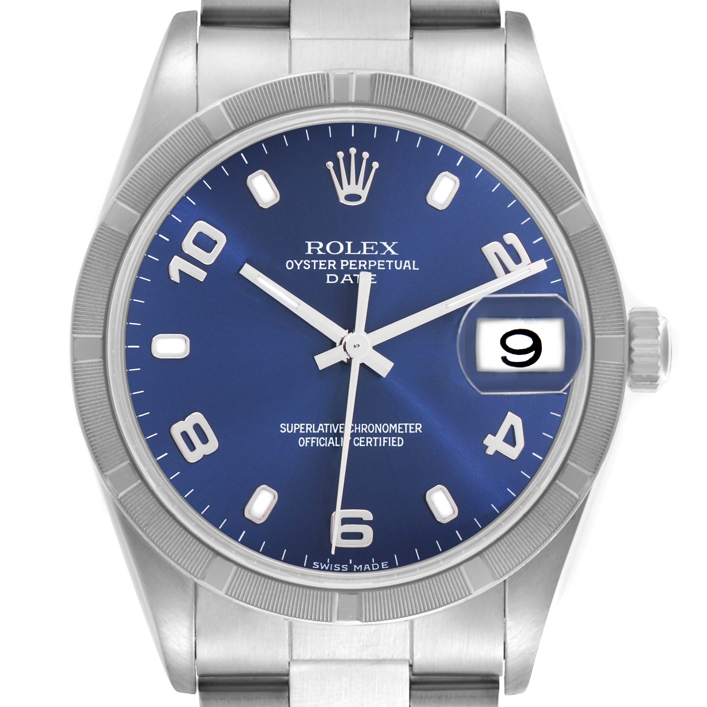The Rolex Date 15210 Men
s Stainless Steel Blue Dial 15210 Men
s Stainless Steel Blue Dial model watch is shown from the front, displaying the dial, hands, bezel, crown, and part of the bracelet.