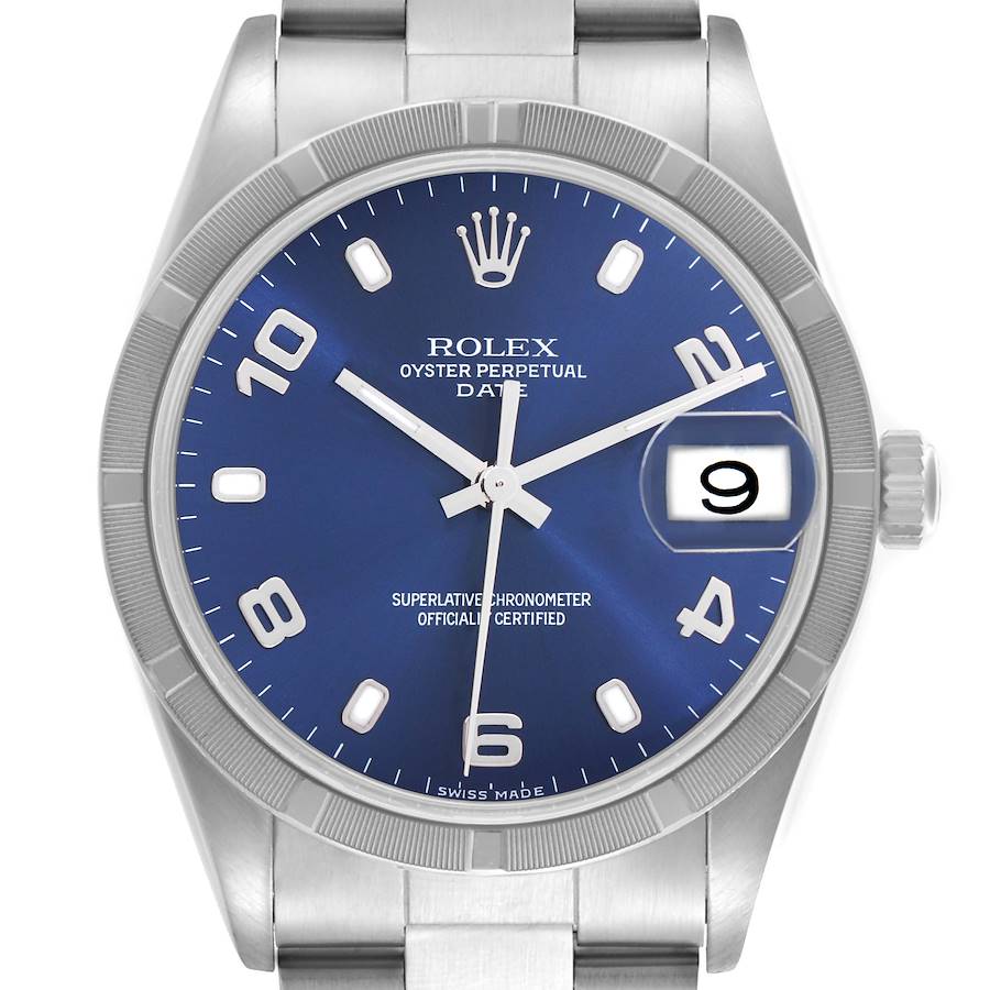 The Rolex Date model watch is shown from the front, displaying the dial, hands, bezel, crown, and part of the bracelet.