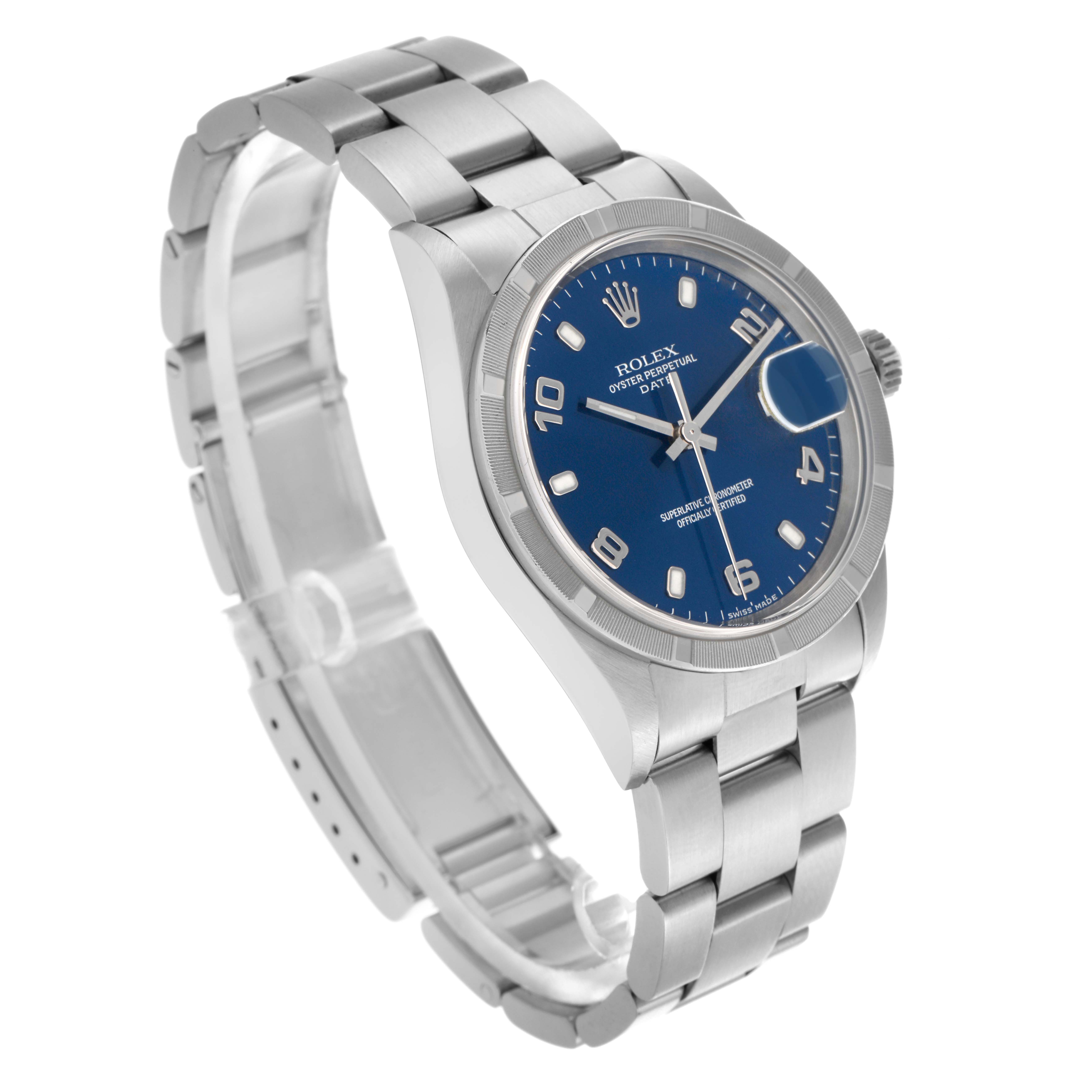 The Rolex Date 15210 Men
s Stainless Steel Blue Dial 15210 Men
s Stainless Steel Blue Dial model is shown at a three-quarter angle, highlighting its blue dial, stainless steel bracelet, and smooth bezel.