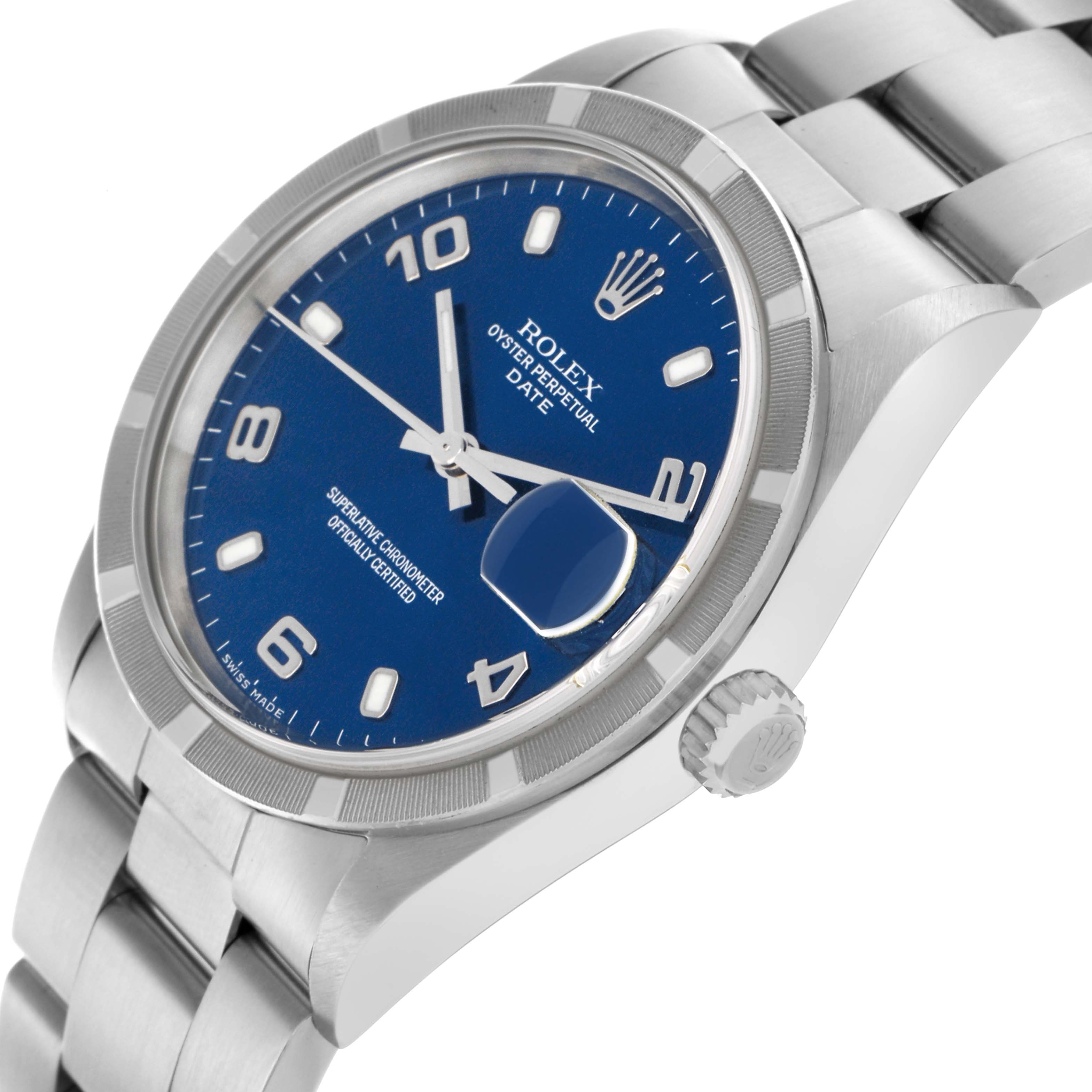 The Rolex Date 15210 Men
s Stainless Steel Blue Dial 15210 Men
s Stainless Steel Blue Dial model is shown at an angled view, displaying the blue dial, bezel, bracelet, and crown.
