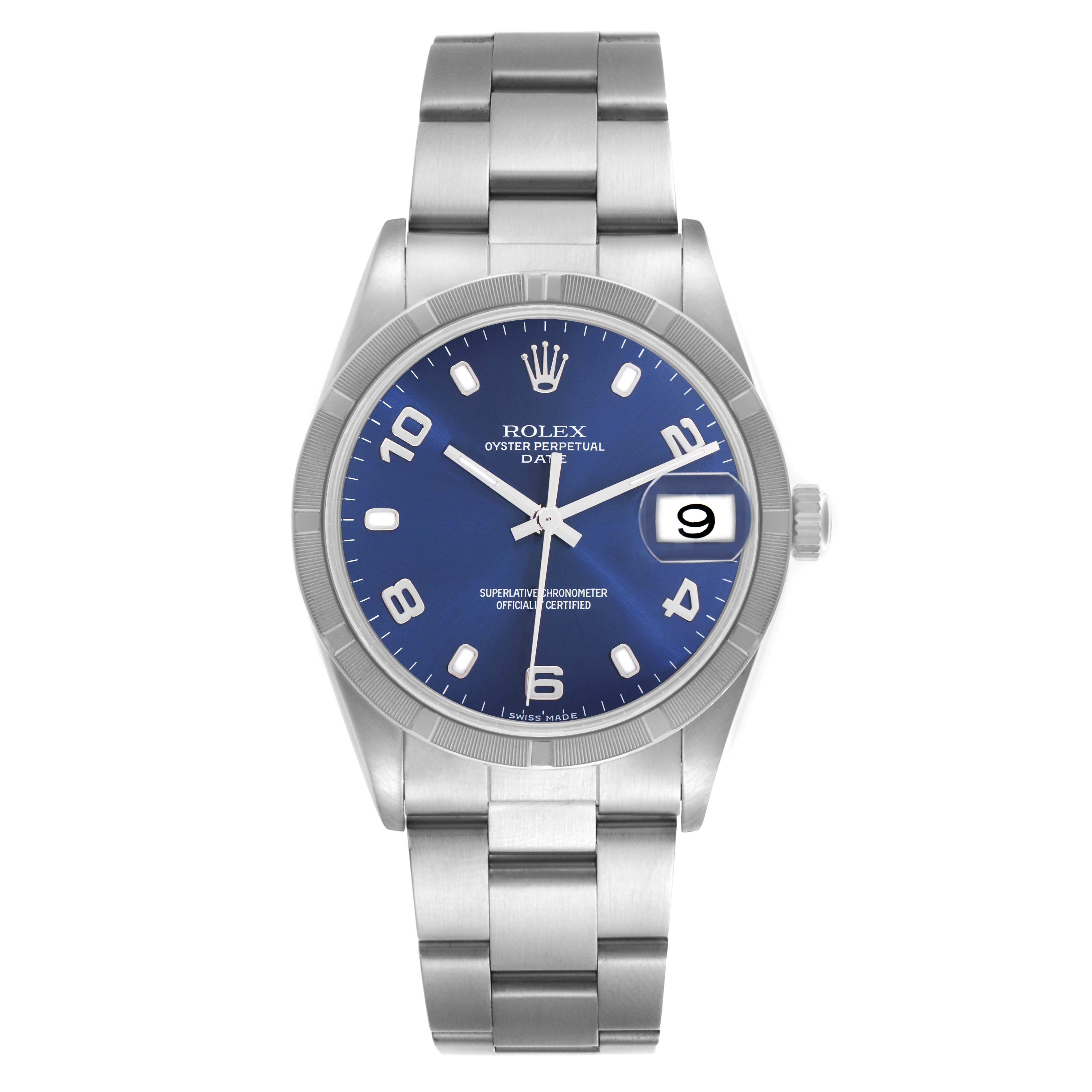 The Rolex Date 15210 Men
s Stainless Steel Blue Dial 15210 Men
s Stainless Steel Blue Dial model watch is shown from a front angle, displaying the face, bracelet, and crown clearly.