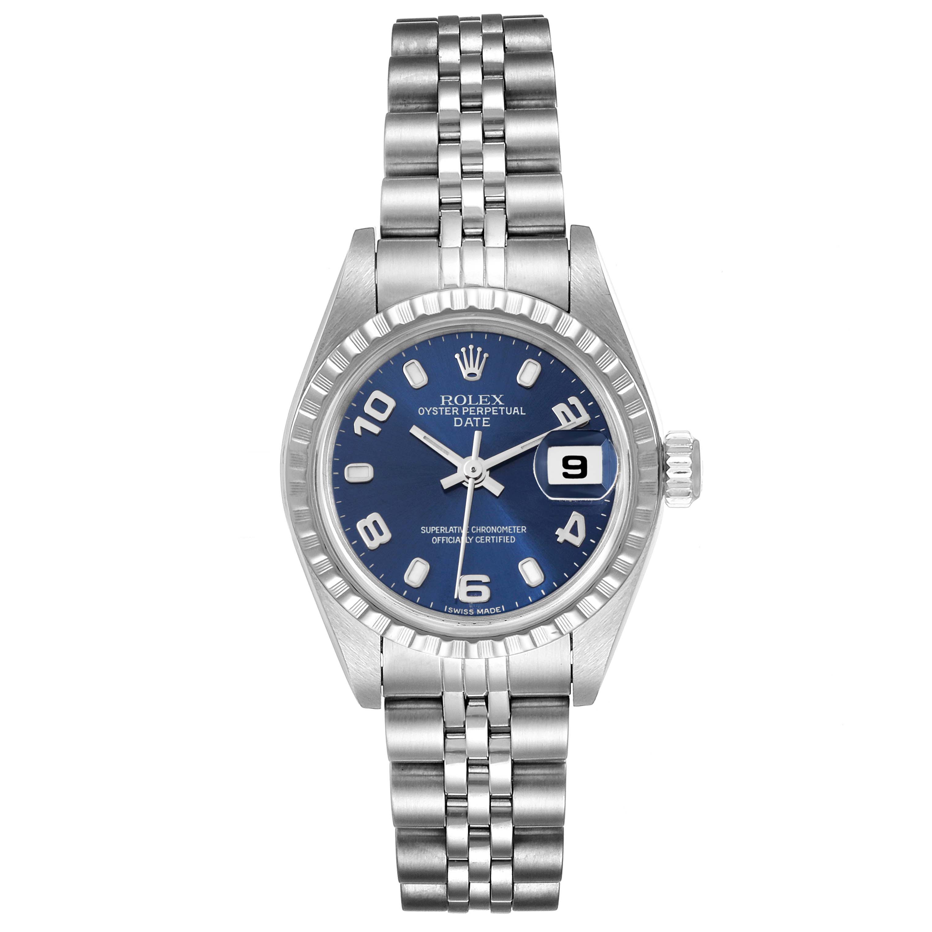 The Rolex Date 79240 Women
s Stainless Steel Blue Dial 79240 Women
s Stainless Steel Blue Dial watch is shown from a front angle, displaying its blue dial, date window, and stainless steel bracelet.