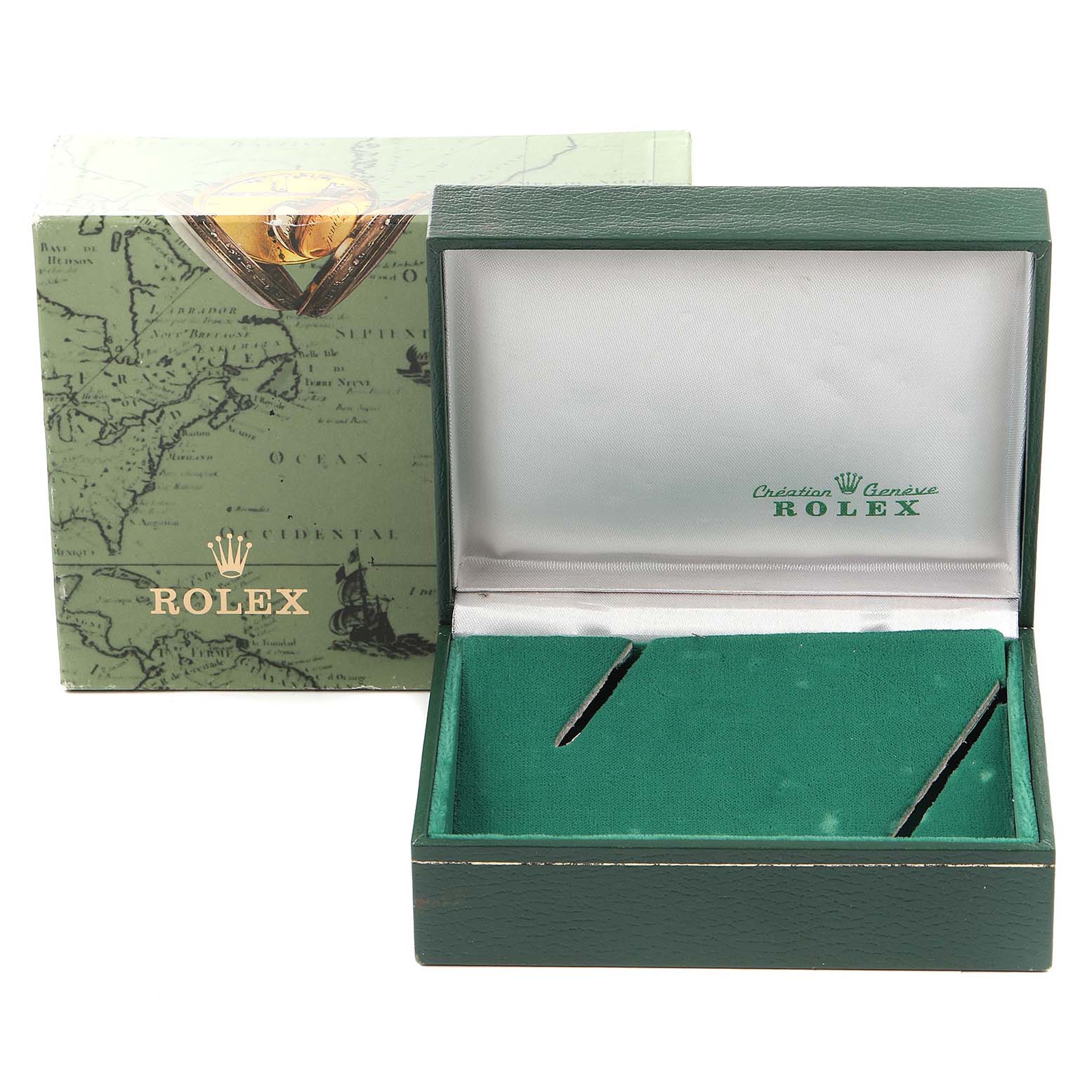 The image shows a green Rolex Date 79240 Women
s Stainless Steel Blue Dial 79240 Women
s Stainless Steel Blue Dial model watch box open, with an empty watch cushion inside.