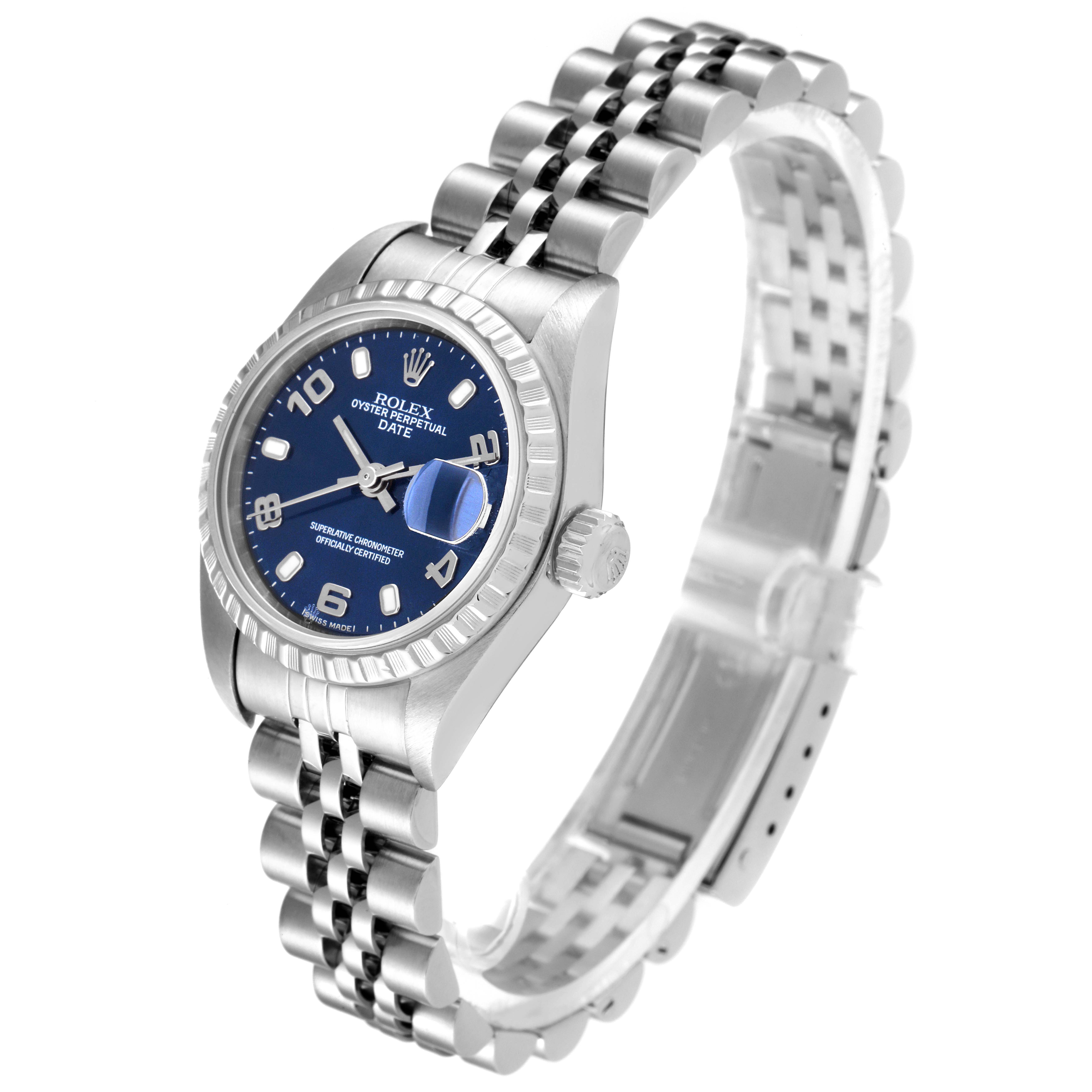 This image shows a Rolex Date 79240 Women
s Stainless Steel Blue Dial 79240 Women
s Stainless Steel Blue Dial with a blue dial, fluted bezel, crown, and jubilee bracelet at an angled view.