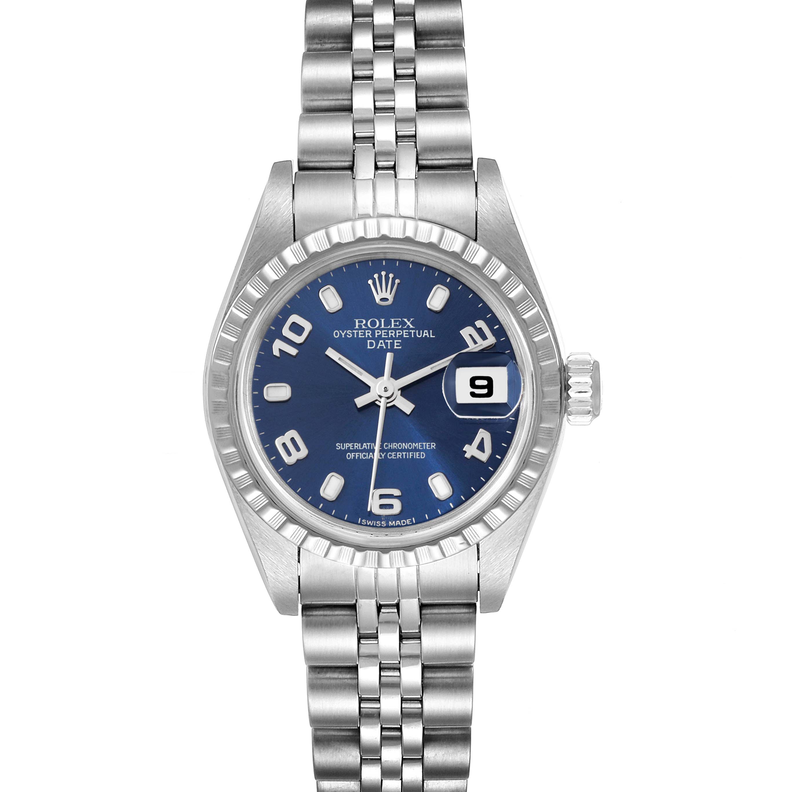 The image shows a frontal view of a Rolex Date 79240 Women
s Stainless Steel Blue Dial 79240 Women
s Stainless Steel Blue Dial model watch with a blue dial, date window, and stainless steel bracelet.