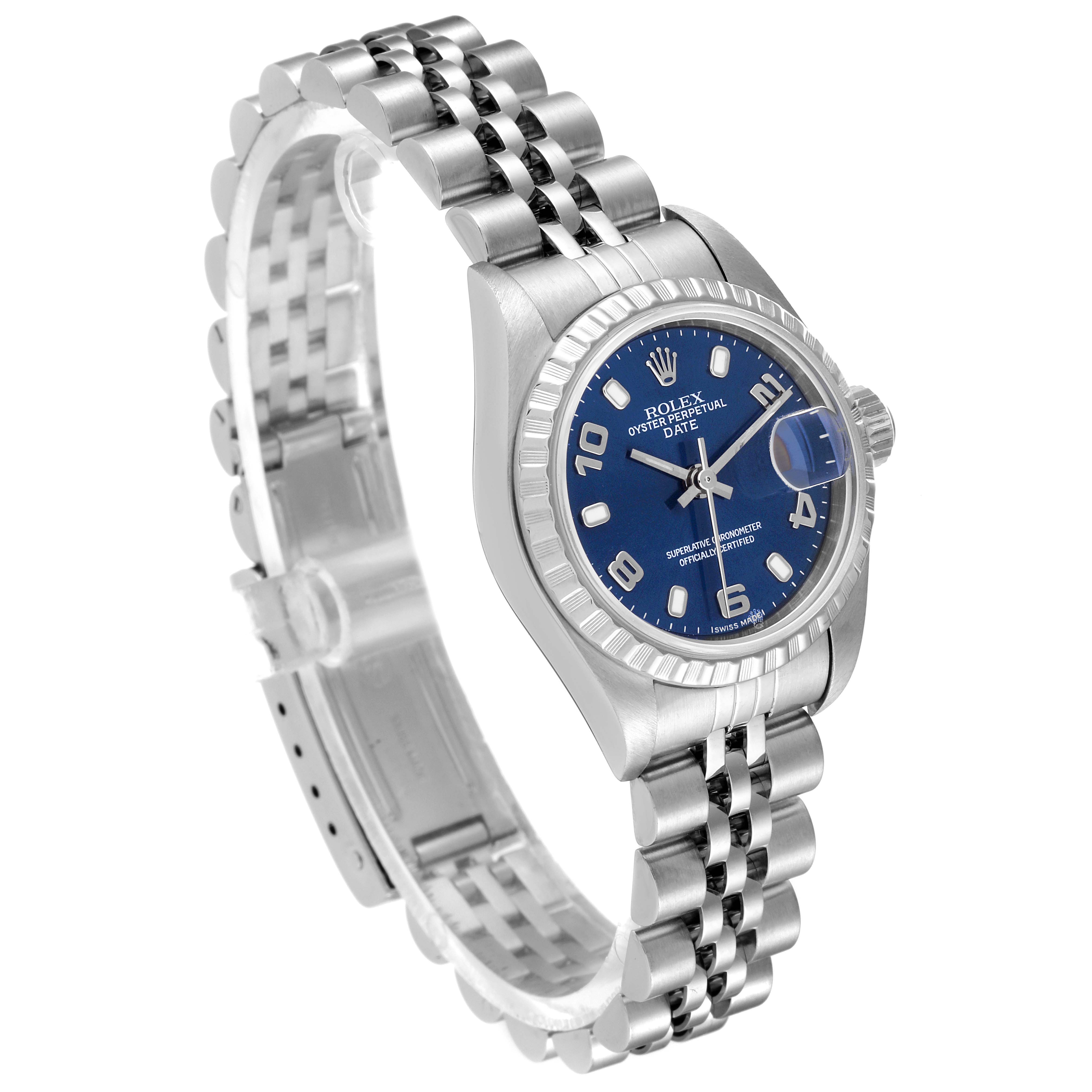 The image shows a Rolex Date 79240 Women
s Stainless Steel Blue Dial 79240 Women
s Stainless Steel Blue Dial model watch at a three-quarter angle, displaying the face, bezel, crown, and bracelet.