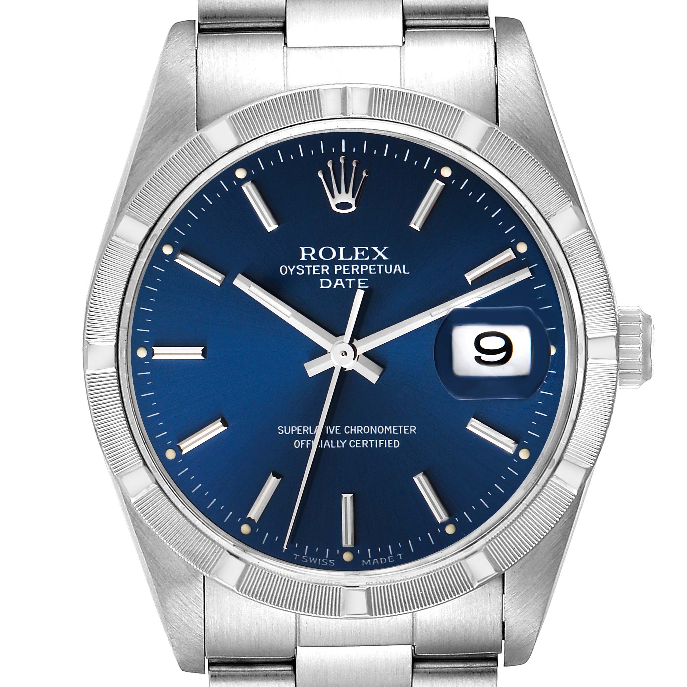 The image shows a front view of a Rolex Date 15210 Men's Stainless Steel Blue Dial 15210 Men's Stainless Steel Blue Dial model watch, highlighting the blue dial, date window, and stainless steel bracelet.