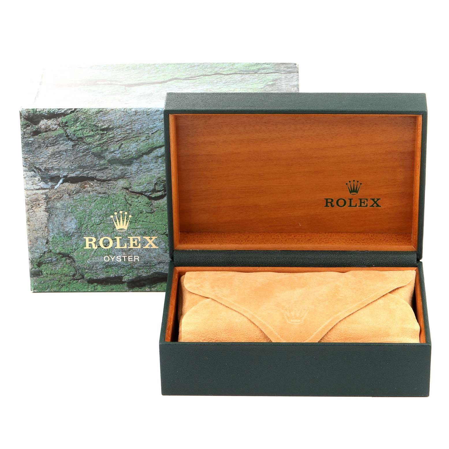 The image shows an opened Rolex Date 15210 Men's Stainless Steel Blue Dial 15210 Men's Stainless Steel Blue Dial model watch box with an outer box and a suede pouch inside.