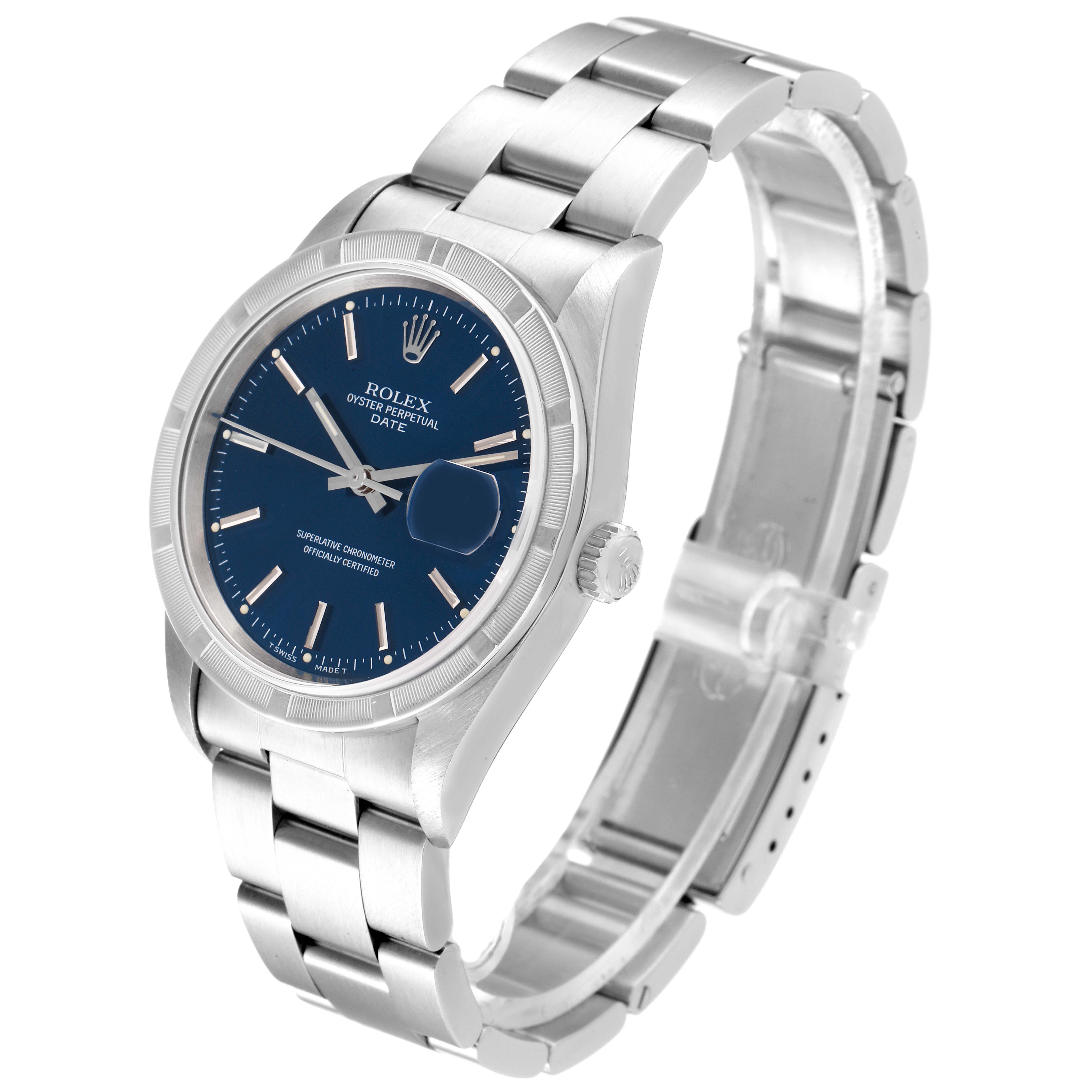 The image displays a Rolex Date 15210 Men's Stainless Steel Blue Dial 15210 Men's Stainless Steel Blue Dial model watch at a three-quarter angle, showcasing the dial, bracelet, and crown.