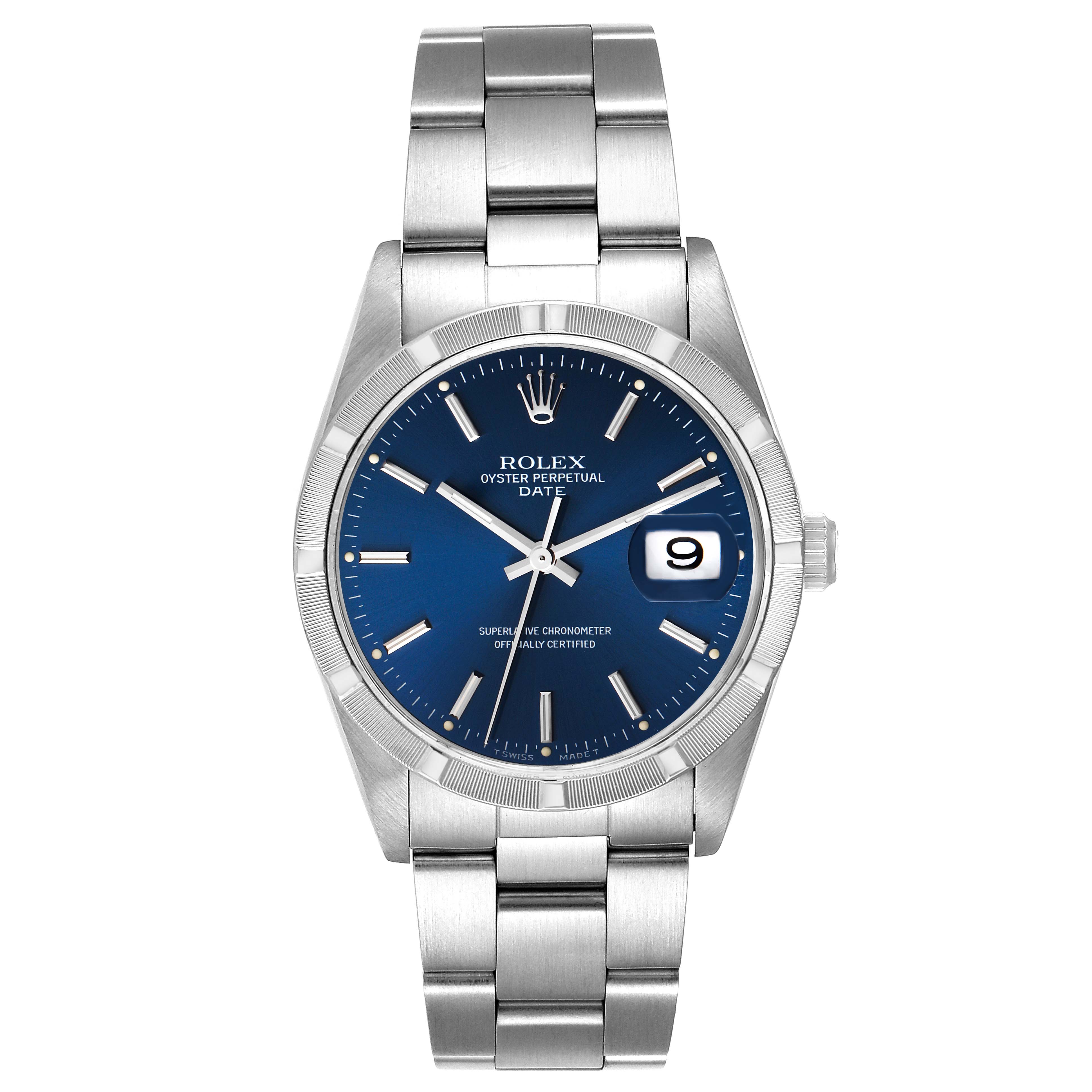 The image shows a front view of a Rolex Date 15210 Men's Stainless Steel Blue Dial 15210 Men's Stainless Steel Blue Dial watch, displaying its blue dial, date window, and stainless steel bracelet.