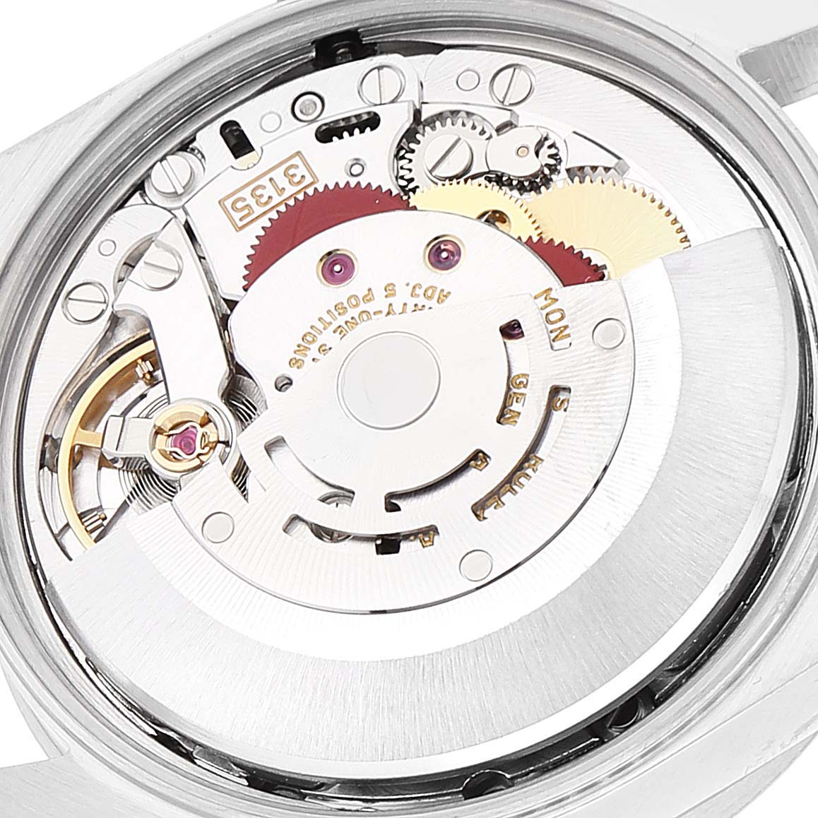 The image shows the internal mechanism of the Rolex Date 15210 Men's Stainless Steel Blue Dial 15210 Men's Stainless Steel Blue Dial model watch, highlighting gears, bridges, and other movement components.