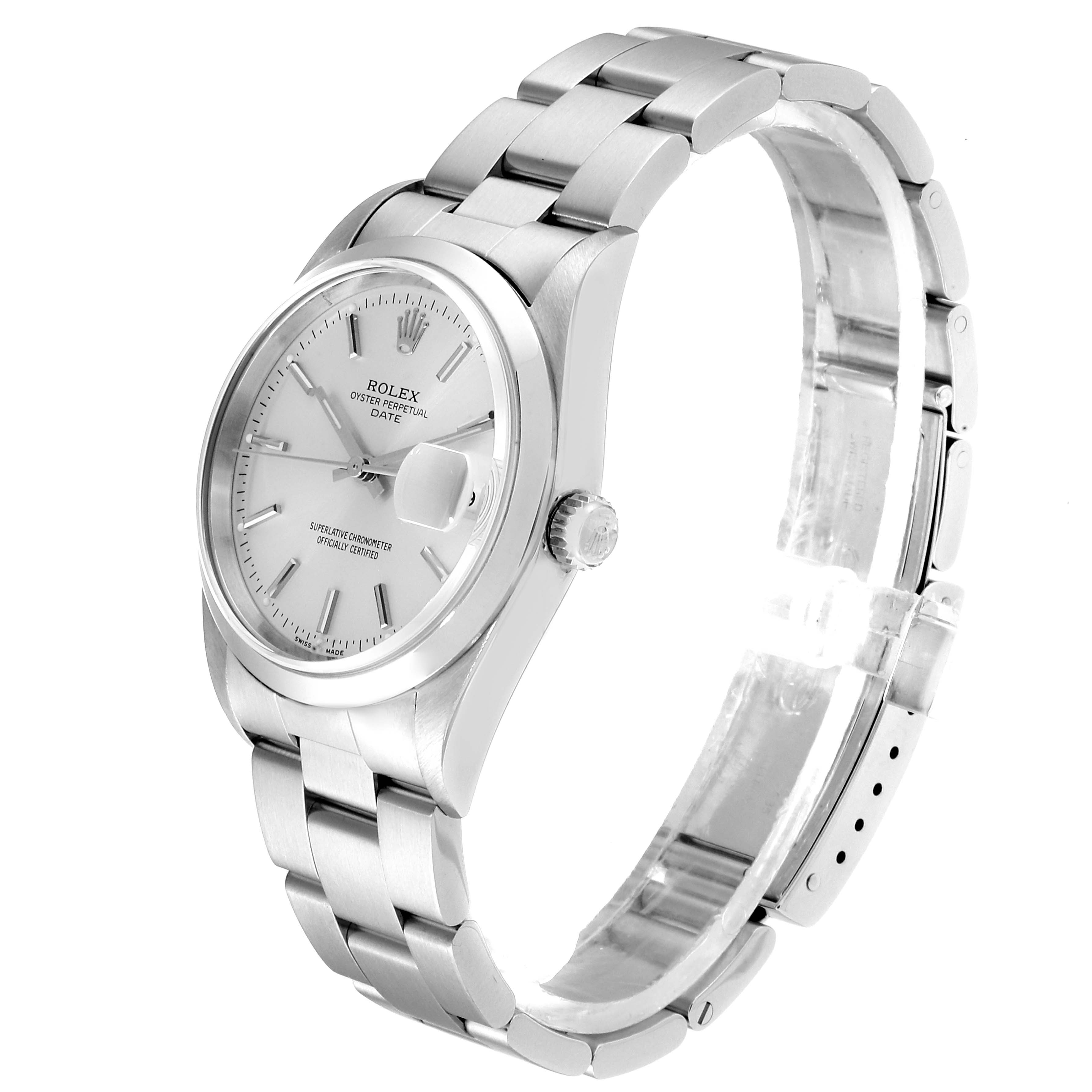 The image shows a Rolex Date 15200 Men's Stainless Steel Silver Dial 15200 Men's Stainless Steel Silver Dial model watch from a front-side angle, highlighting the face, bezel, crown, and bracelet.