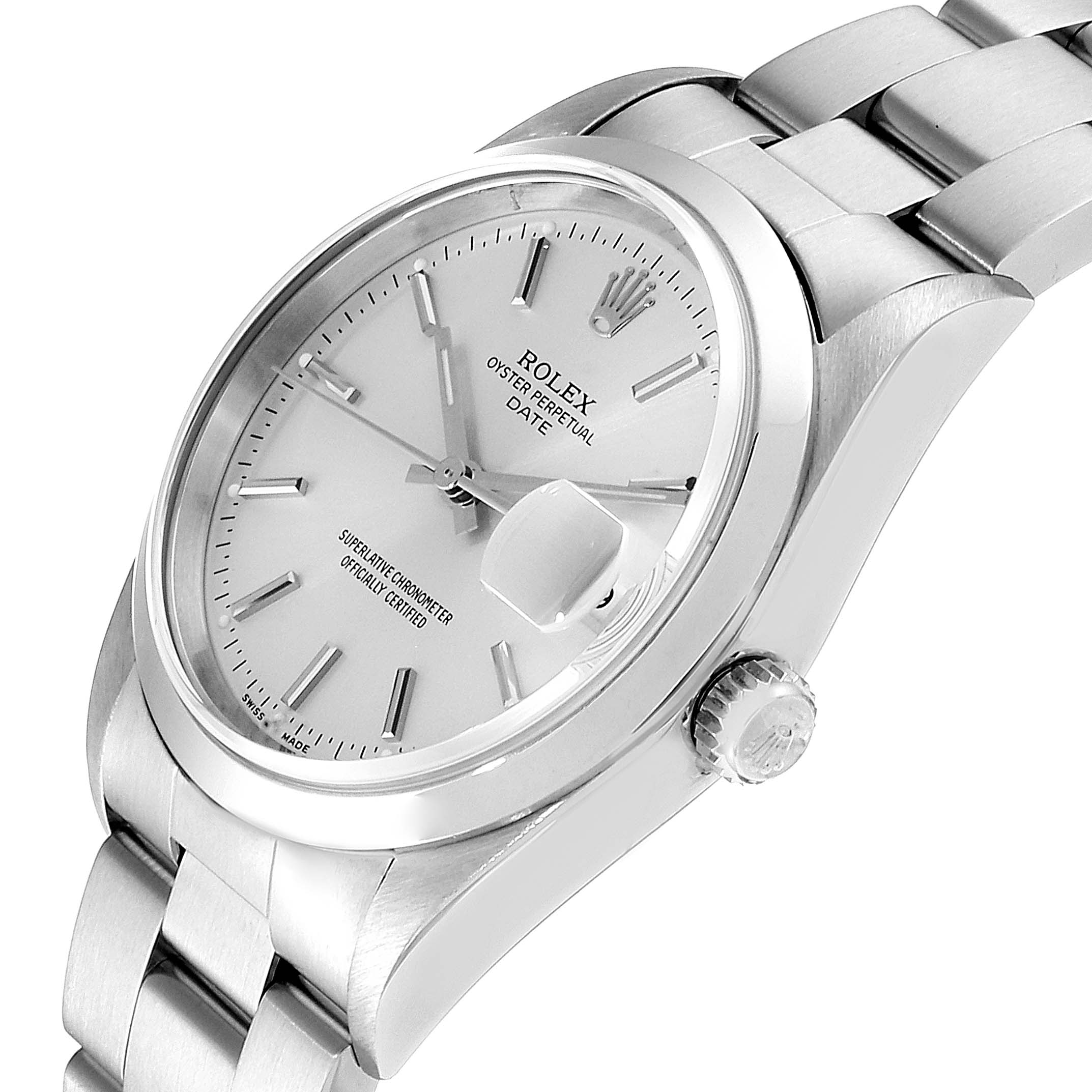 This image shows a Rolex Date 15200 Men's Stainless Steel Silver Dial 15200 Men's Stainless Steel Silver Dial model watch angled to display the dial, crown, and part of the bracelet.