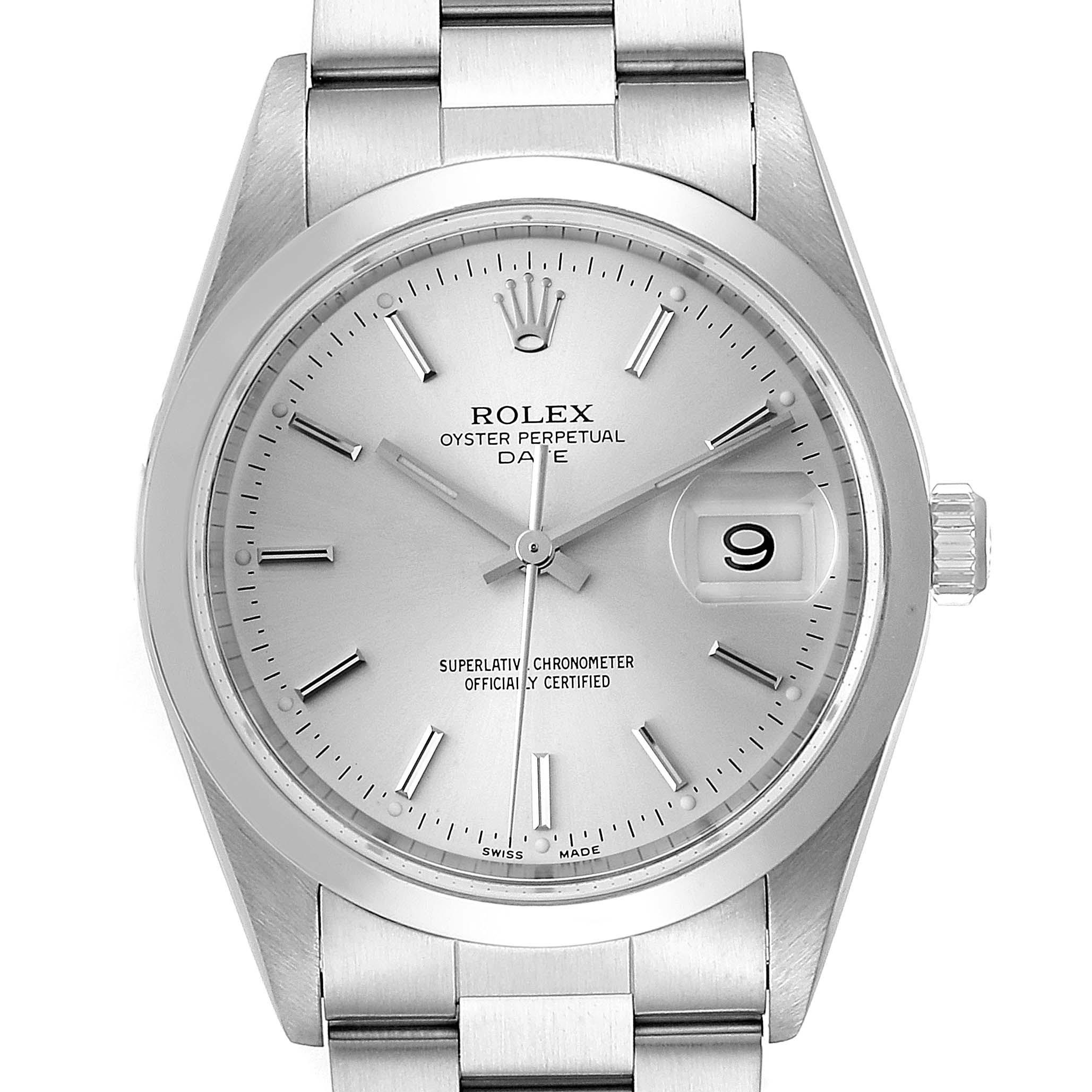 The image shows a Rolex Date 15200 Men's Stainless Steel Silver Dial 15200 Men's Stainless Steel Silver Dial model watch face straight-on, displaying its dial, date window, and part of the bracelet.