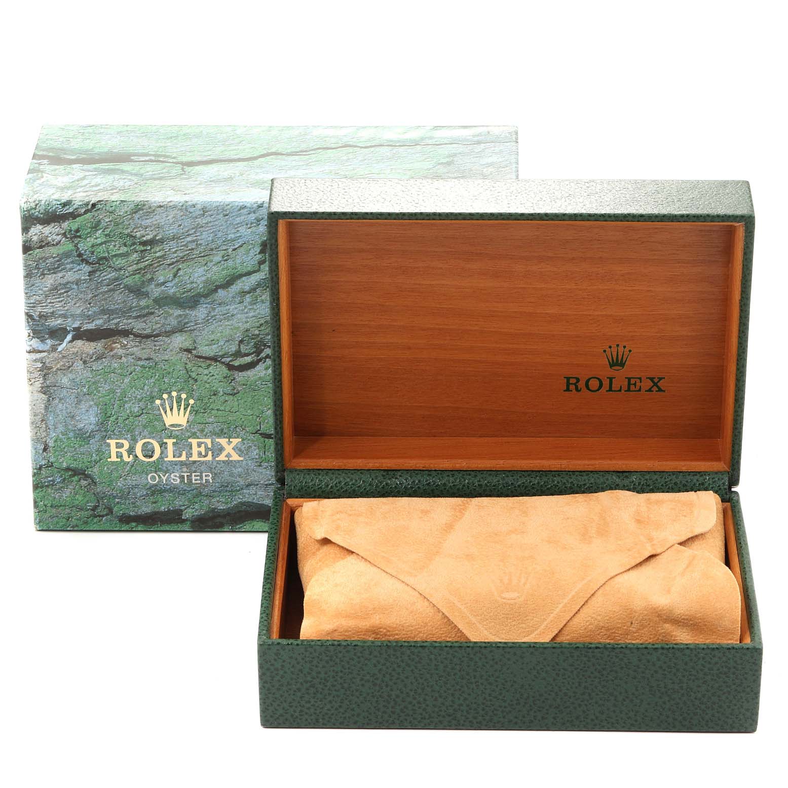 The image shows the packaging for a Rolex Date 15200 Men's Stainless Steel Silver Dial 15200 Men's Stainless Steel Silver Dial model watch, including the outer box and interior wooden box with a suede pouch.