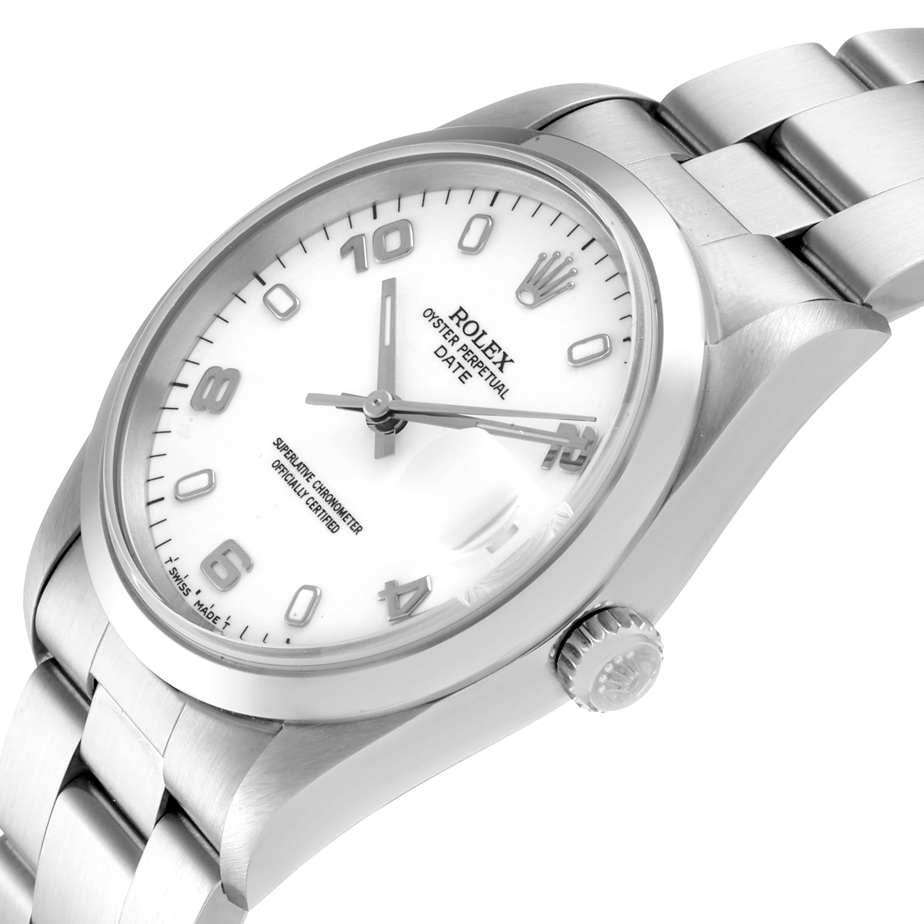The image shows a close-up angle of the Rolex Date 15200 Men's Stainless Steel White Dial 15200 Men's Stainless Steel White Dial watch, highlighting the dial, crown, and part of the bracelet.