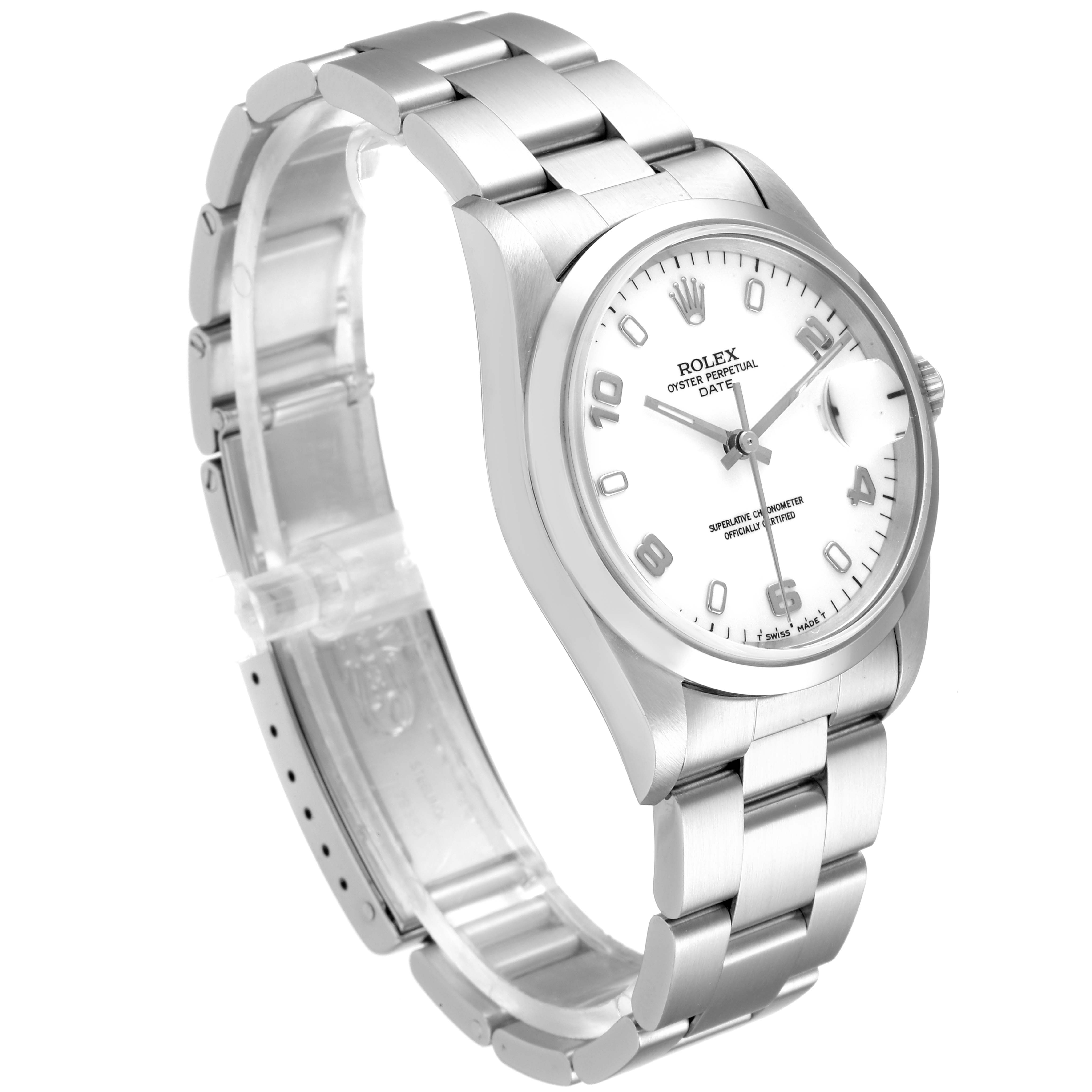 The image shows a tilted view of the Rolex Date 15200 Men's Stainless Steel White Dial 15200 Men's Stainless Steel White Dial model watch, highlighting the face, bezel, bracelet, and clasp.