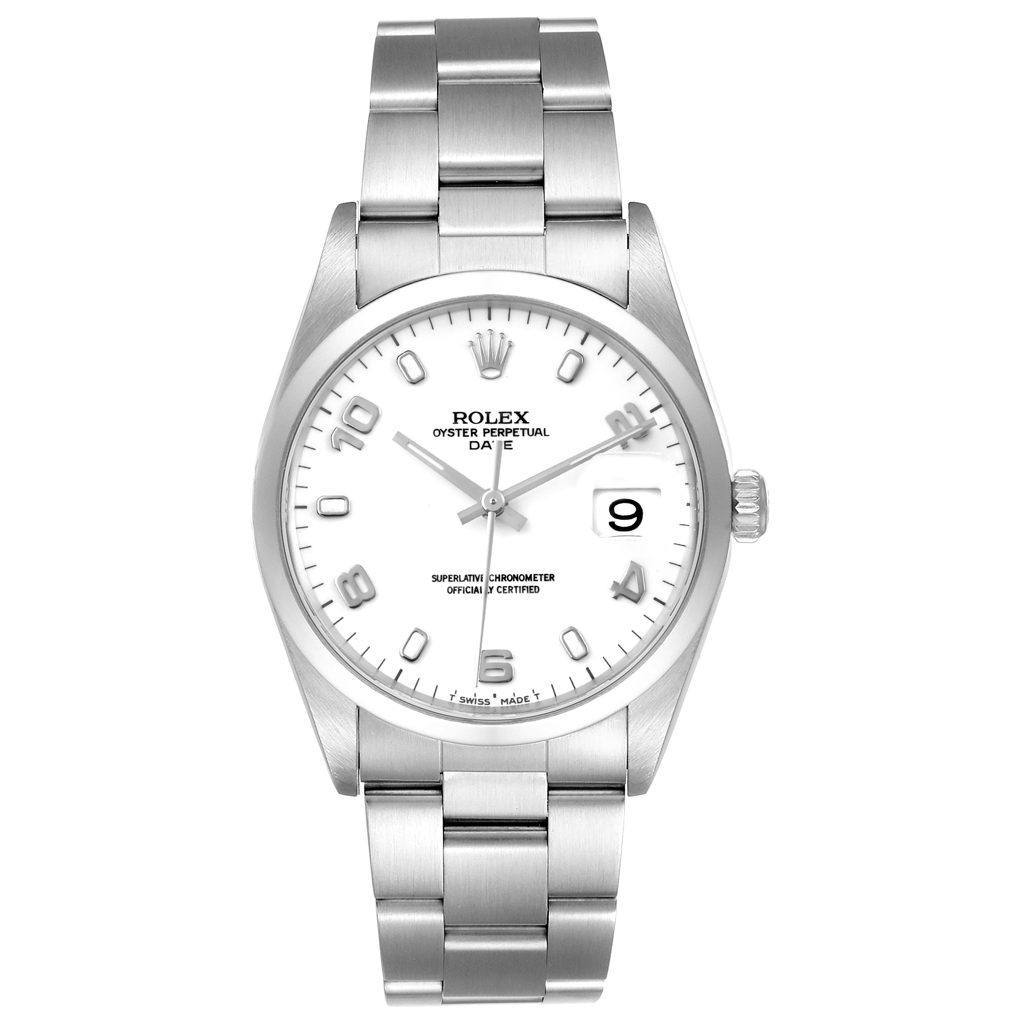 The image shows a front view of the Rolex Date 15200 Men's Stainless Steel White Dial 15200 Men's Stainless Steel White Dial model watch, displaying the dial, hands, bracelet, and date window.