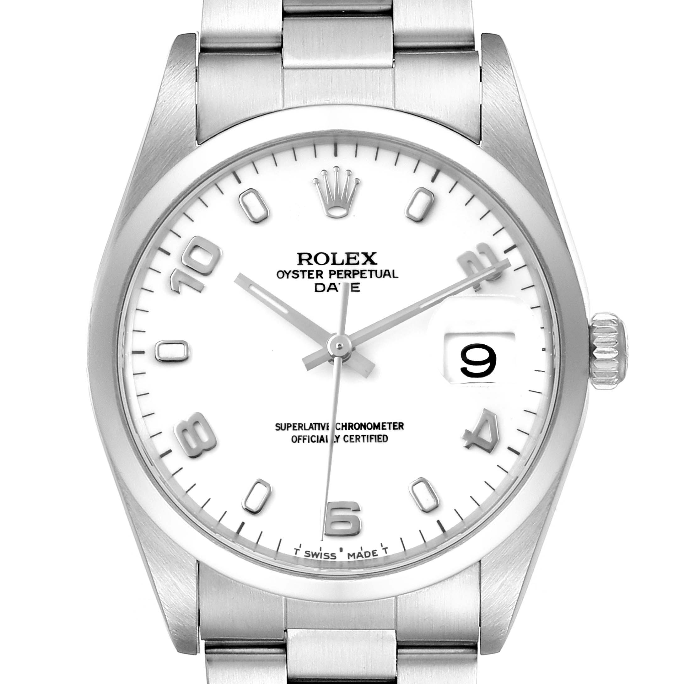 This image shows a Rolex Date 15200 Men's Stainless Steel White Dial 15200 Men's Stainless Steel White Dial model watch face with a white dial, silver hour markers, and a date display at the 3 o'clock position.