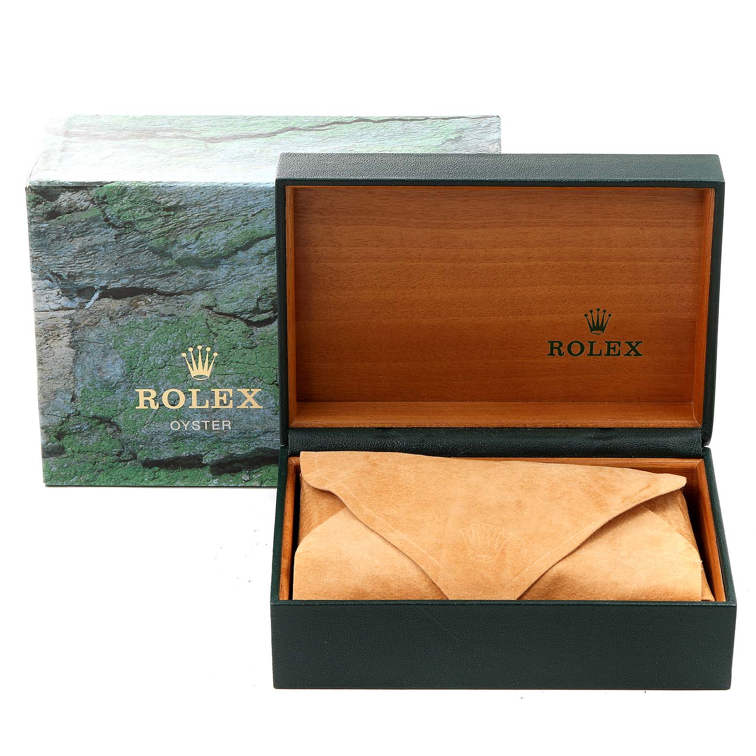 The image shows the packaging for a Rolex Date 15200 Men's Stainless Steel White Dial 15200 Men's Stainless Steel White Dial watch, including an outer box, an inner wooden box, and a suede pouch.