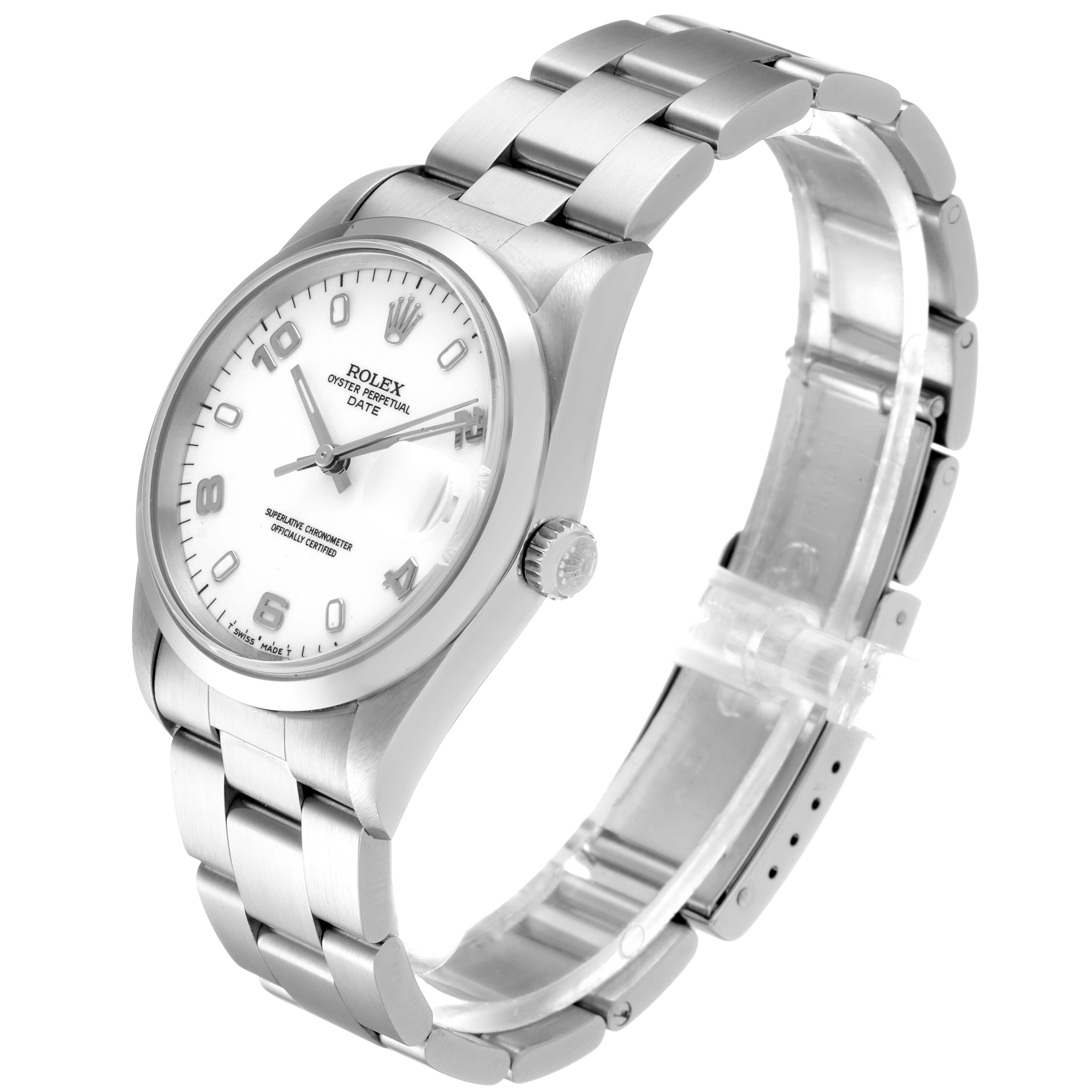The Rolex Date 15200 Men's Stainless Steel White Dial 15200 Men's Stainless Steel White Dial watch is shown at a three-quarter angle, displaying the face, bezel, crown, and partially open bracelet.