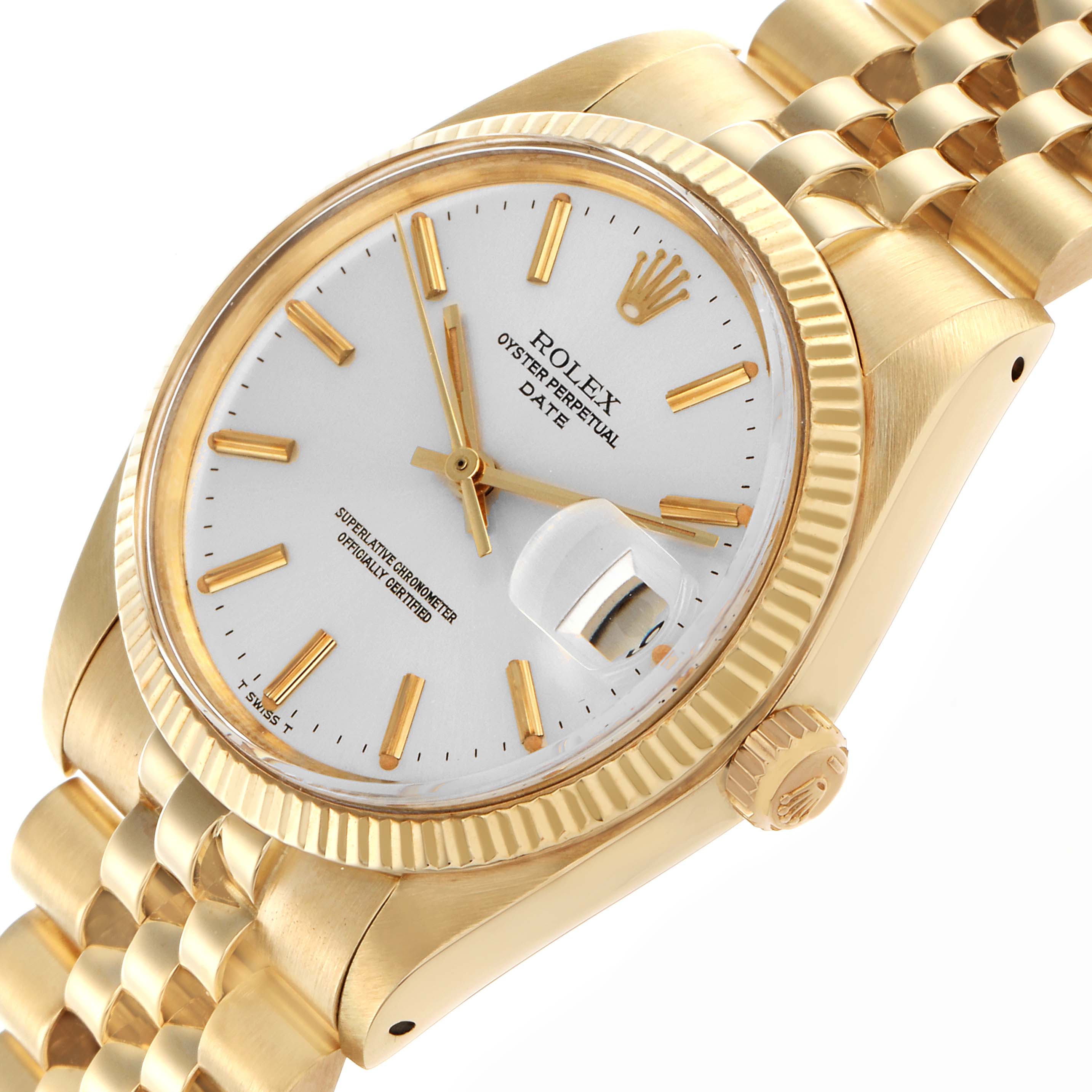 The image shows a Rolex Date watch at a slight angle, highlighting the gold case, bracelet, fluted bezel, crown, and cyclops lens.