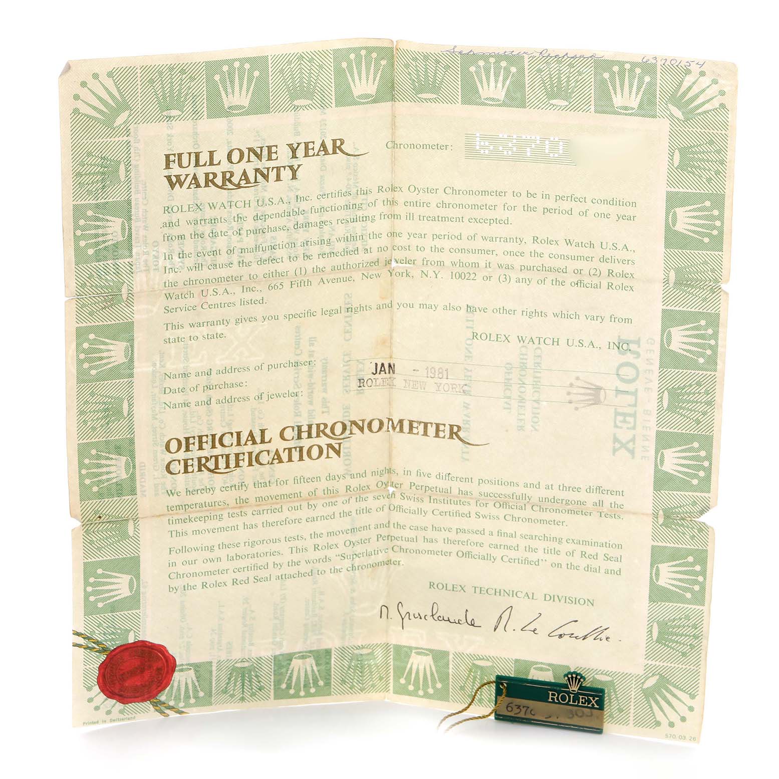 This image shows a folded certification and warranty paper for a Rolex Date model, highlighting the "Official Chronometer Certification" text.