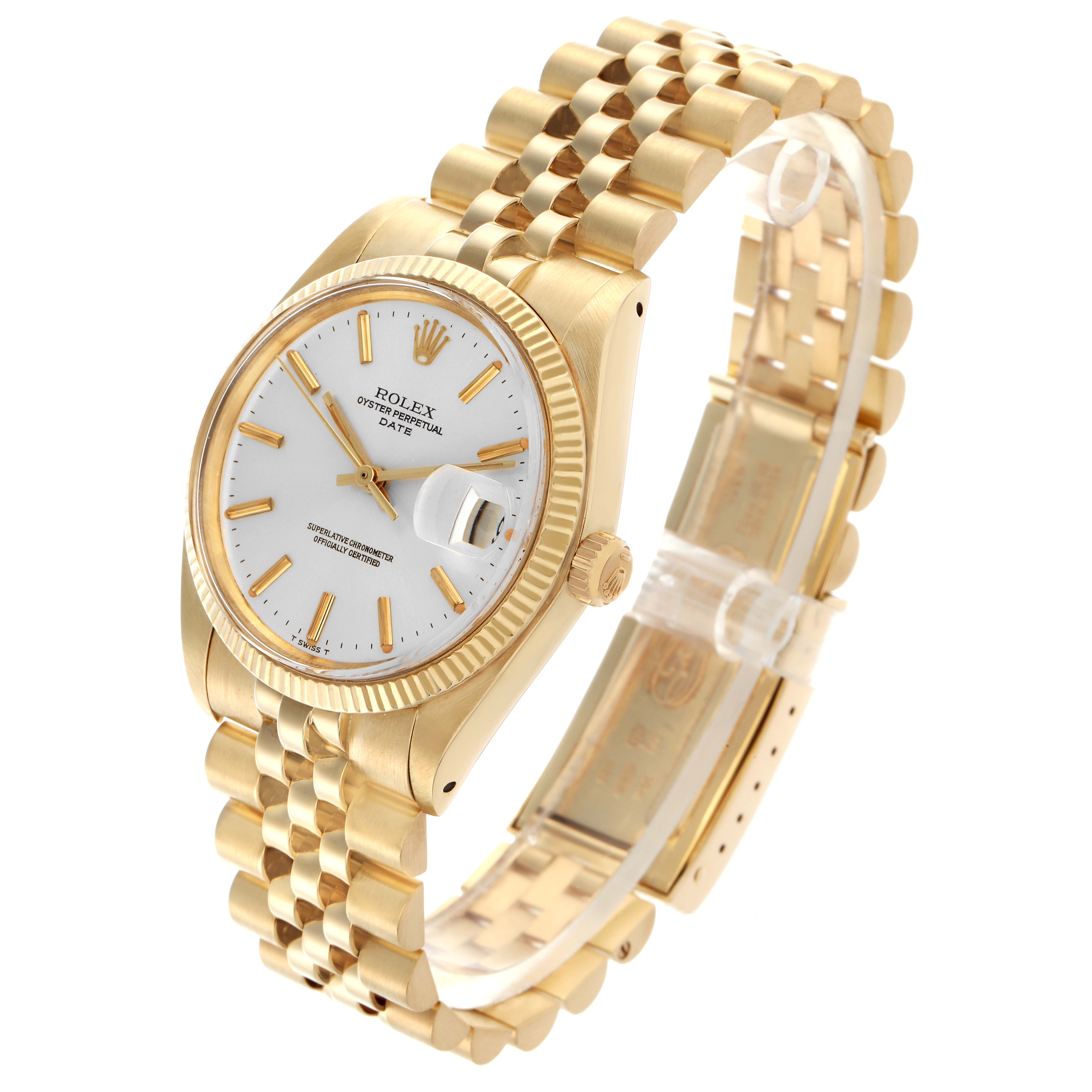 The Rolex Date model watch is shown at an angled side view, highlighting the dial, bezel, crown, and Jubilee bracelet.