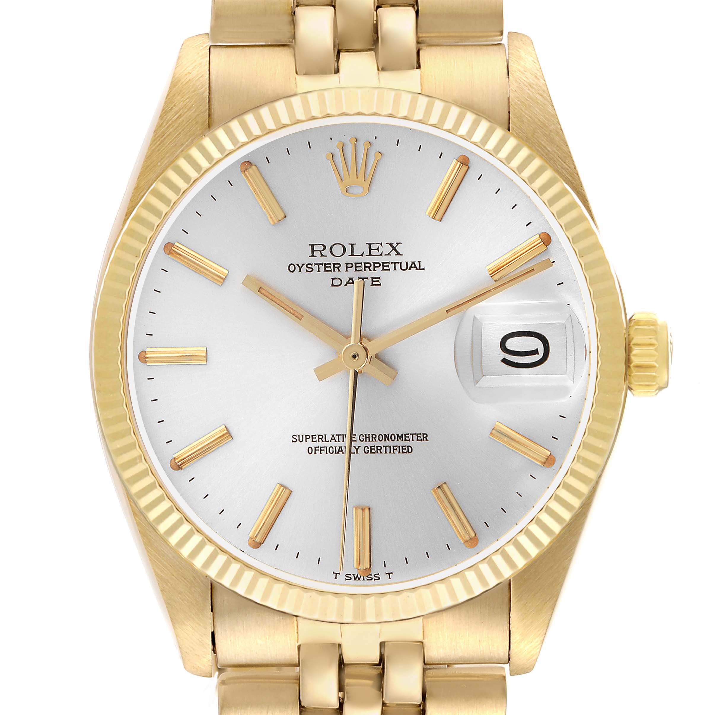 The Rolex Date watch is shown from the front, displaying the dial, hands, date window with magnifier, bezel, and part of the bracelet.