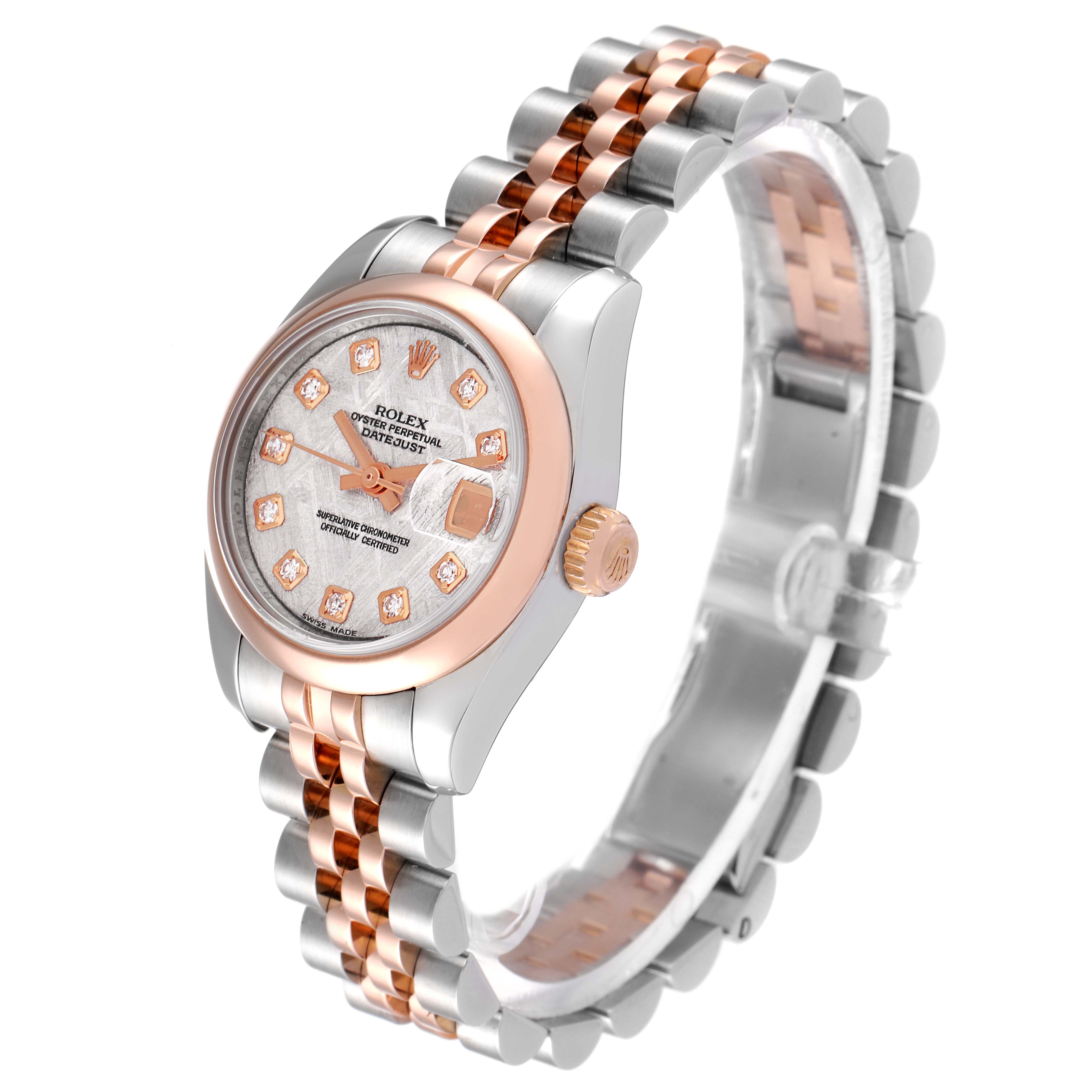 The image shows a Rolex Datejust 179161 Women's Steel and Gold (two tone) Silver Dial 179161 Women's Steel and Gold (two tone) Silver Dial watch at an oblique angle, highlighting the face, bezel, crown, and Jubilee bracelet.