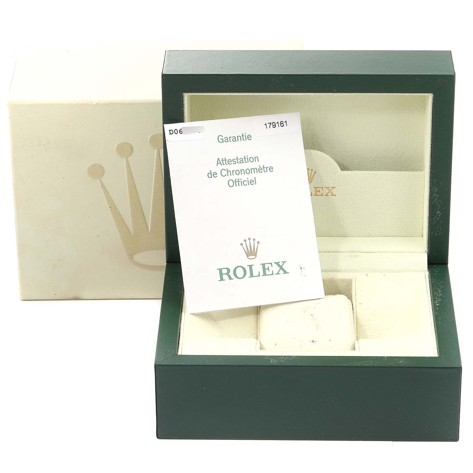 The image shows the box and warranty card for a Rolex Datejust 179161 Women's Steel and Gold (two tone) Silver Dial 179161 Women's Steel and Gold (two tone) Silver Dial watch, with no watch visible.