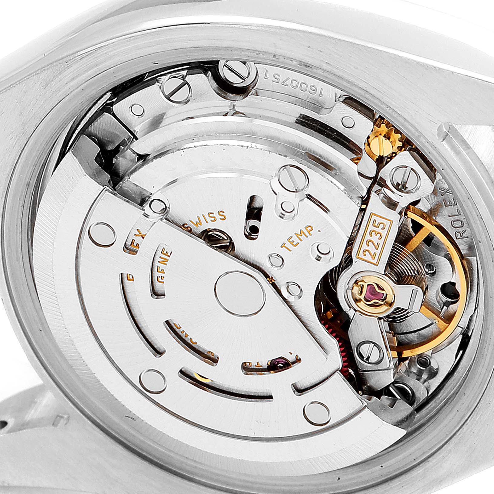 This image shows the movement mechanism of a Rolex Datejust 179161 Women's Steel and Gold (two tone) Silver Dial 179161 Women's Steel and Gold (two tone) Silver Dial watch, viewed from the case back angle.