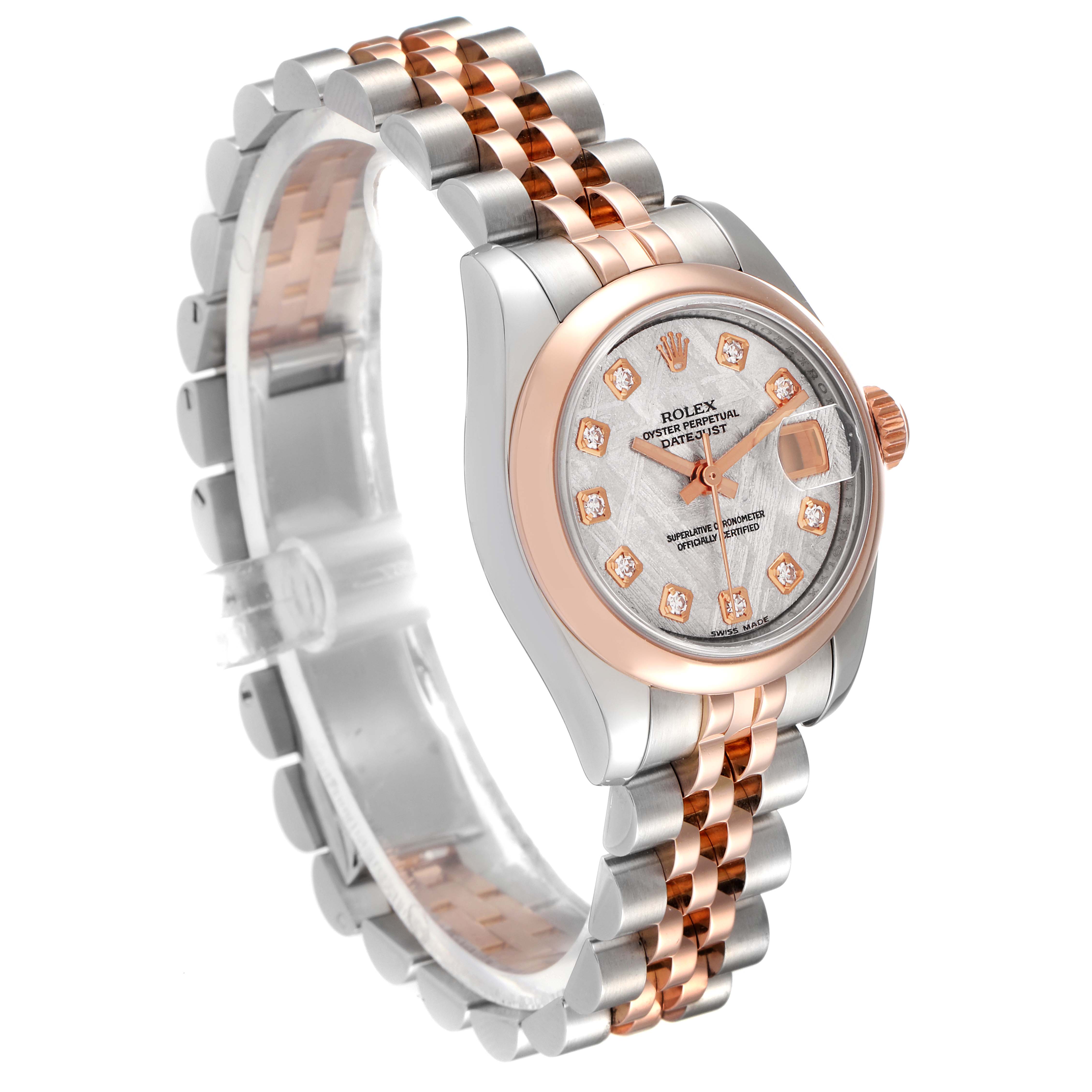 The image shows a Rolex Datejust 179161 Women's Steel and Gold (two tone) Silver Dial 179161 Women's Steel and Gold (two tone) Silver Dial watch at a three-quarter angle, displaying the face, bezel, and bracelet.