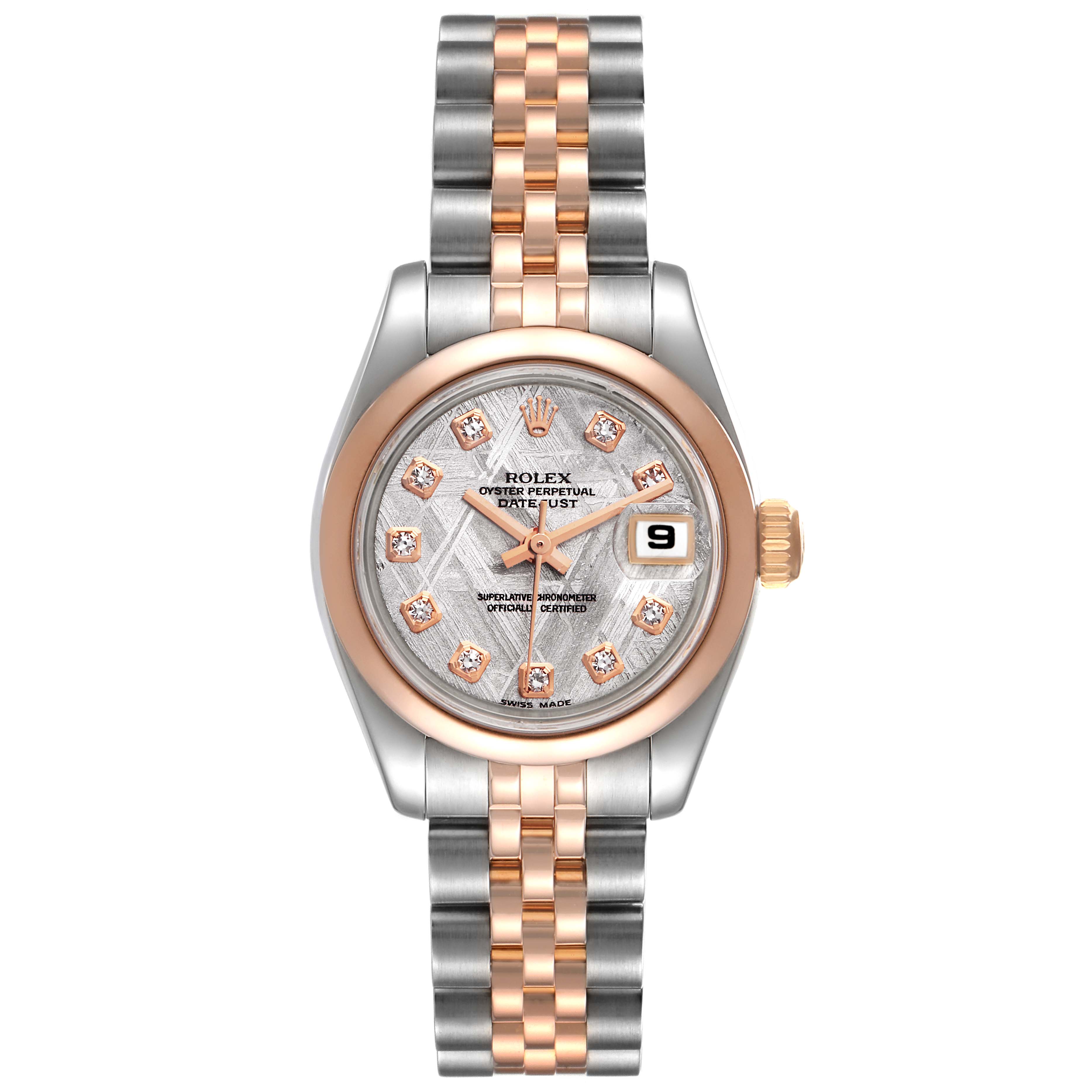 This is a frontal view of a Rolex Datejust 179161 Women's Steel and Gold (two tone) Silver Dial 179161 Women's Steel and Gold (two tone) Silver Dial watch, showcasing its dial, bezel, case, and bracelet.