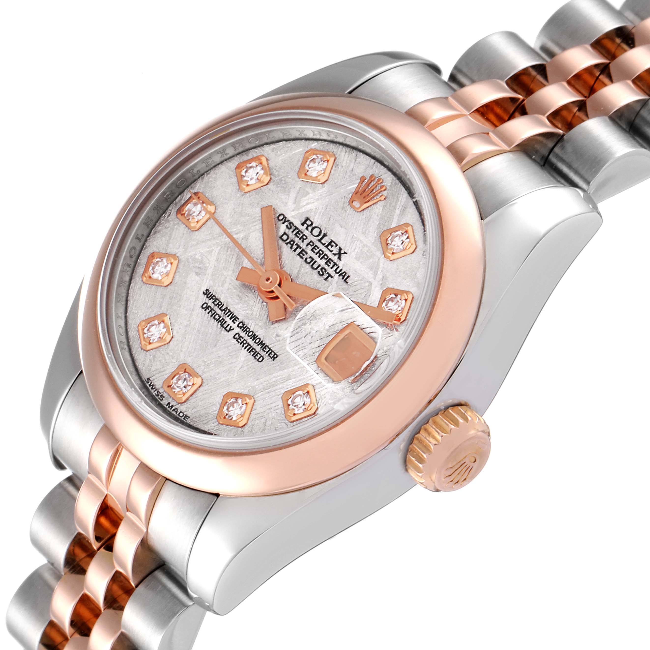 This image shows a close-up angle of the Rolex Datejust 179161 Women's Steel and Gold (two tone) Silver Dial 179161 Women's Steel and Gold (two tone) Silver Dial watch, highlighting its face, bezel, crown, and part of the bracelet.