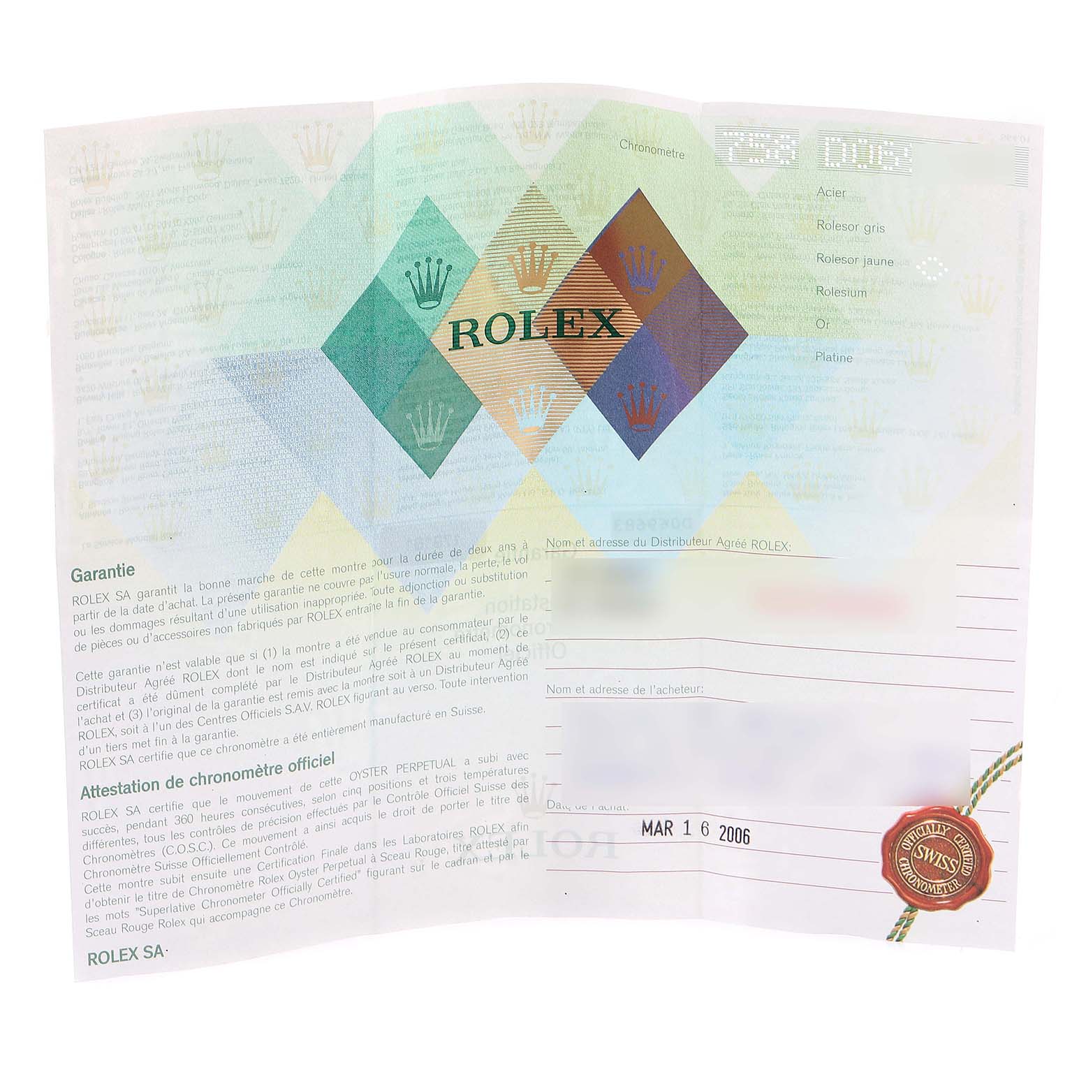 The image shows the warranty card and certificate paperwork for the Rolex Datejust 179161 Women's Steel and Gold (two tone) Silver Dial 179161 Women's Steel and Gold (two tone) Silver Dial watch model.