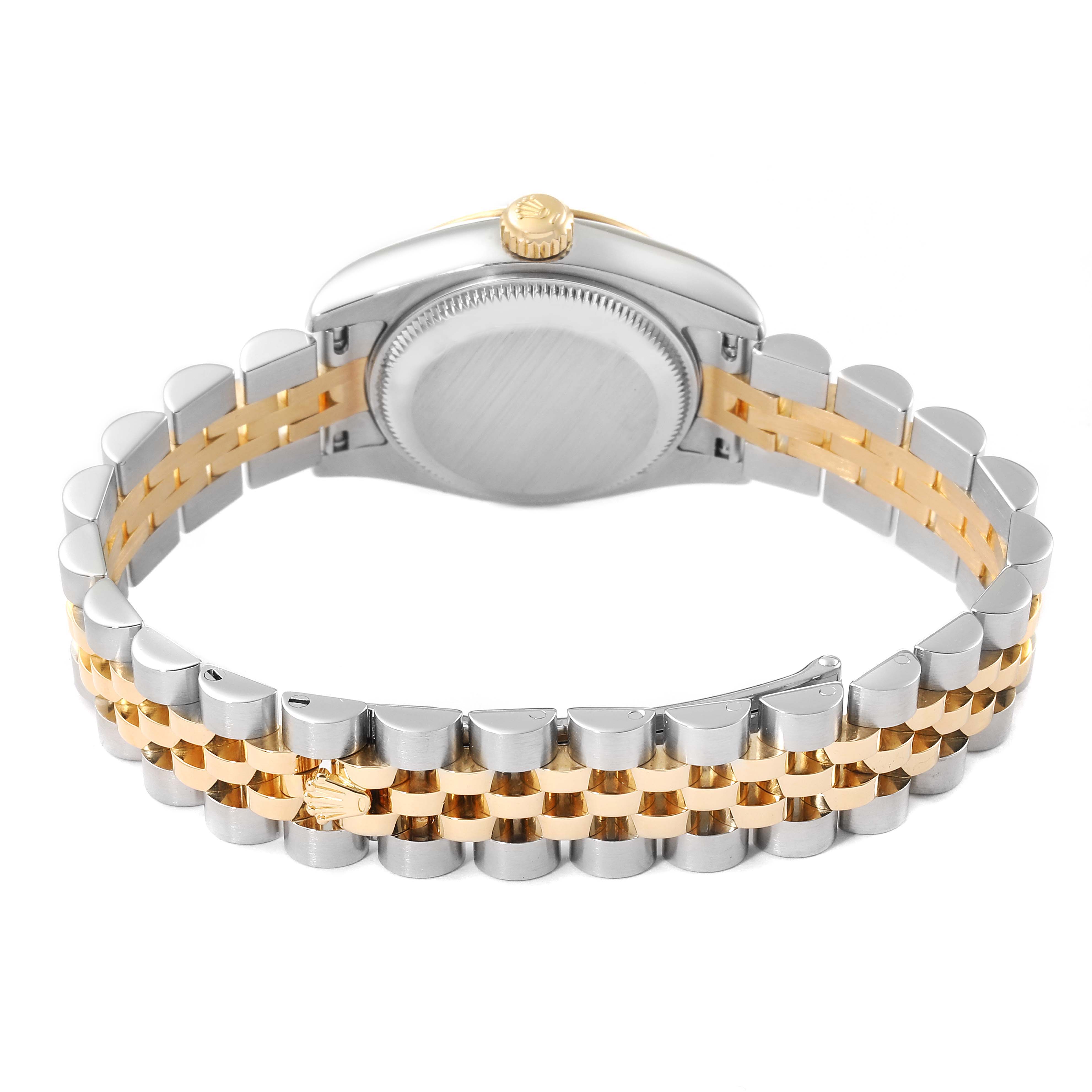 The image shows the back of a Rolex Datejust 179173 Women
s Steel and Gold (two tone) Champagne Dial 179173 Women
s Steel and Gold (two tone) Champagne Dial watch, highlighting its case and two-tone bracelet.