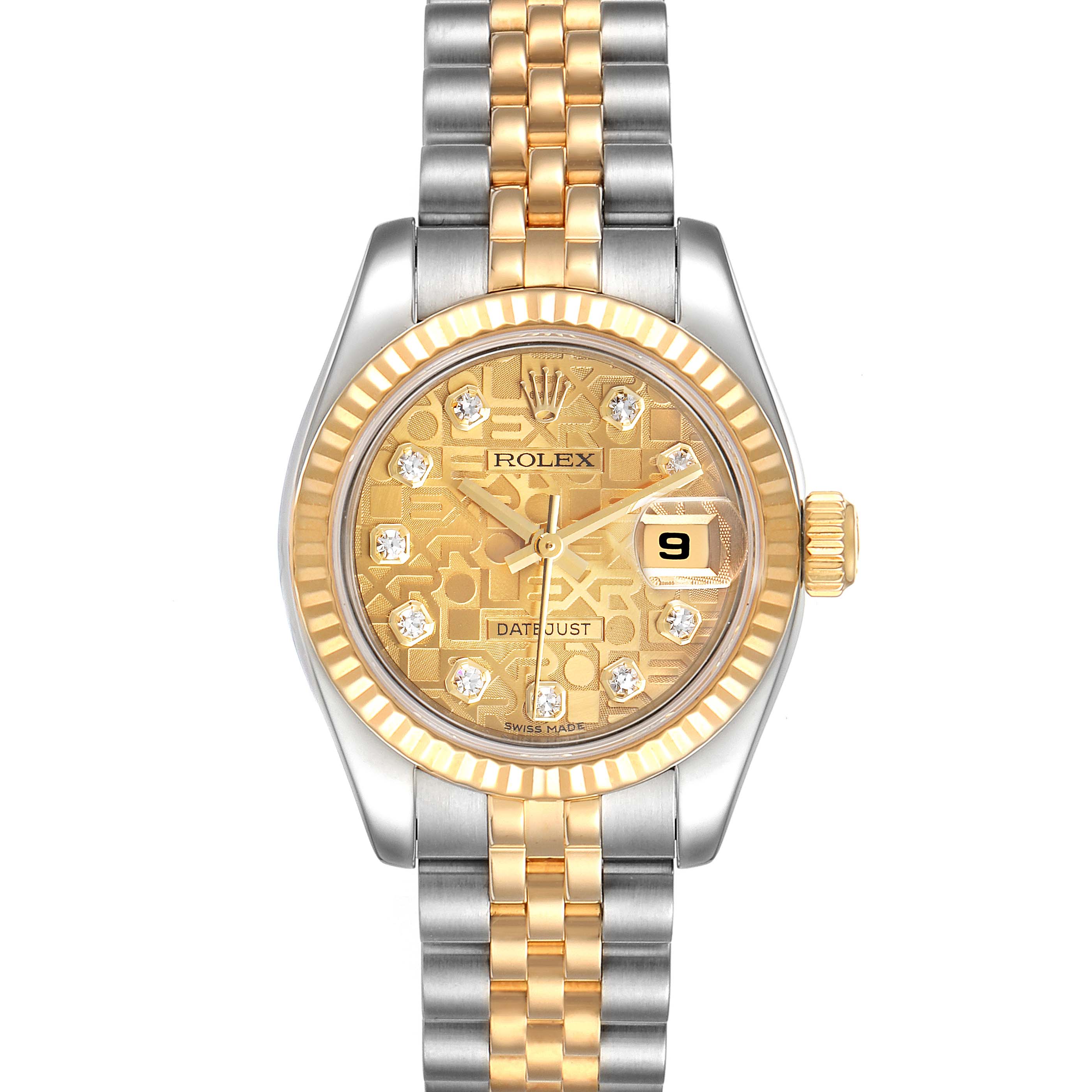 This image shows a front view of a Rolex Datejust 179173 Women
s Steel and Gold (two tone) Champagne Dial 179173 Women
s Steel and Gold (two tone) Champagne Dial watch, highlighting its gold dial, diamond markers, and two-tone bracelet.