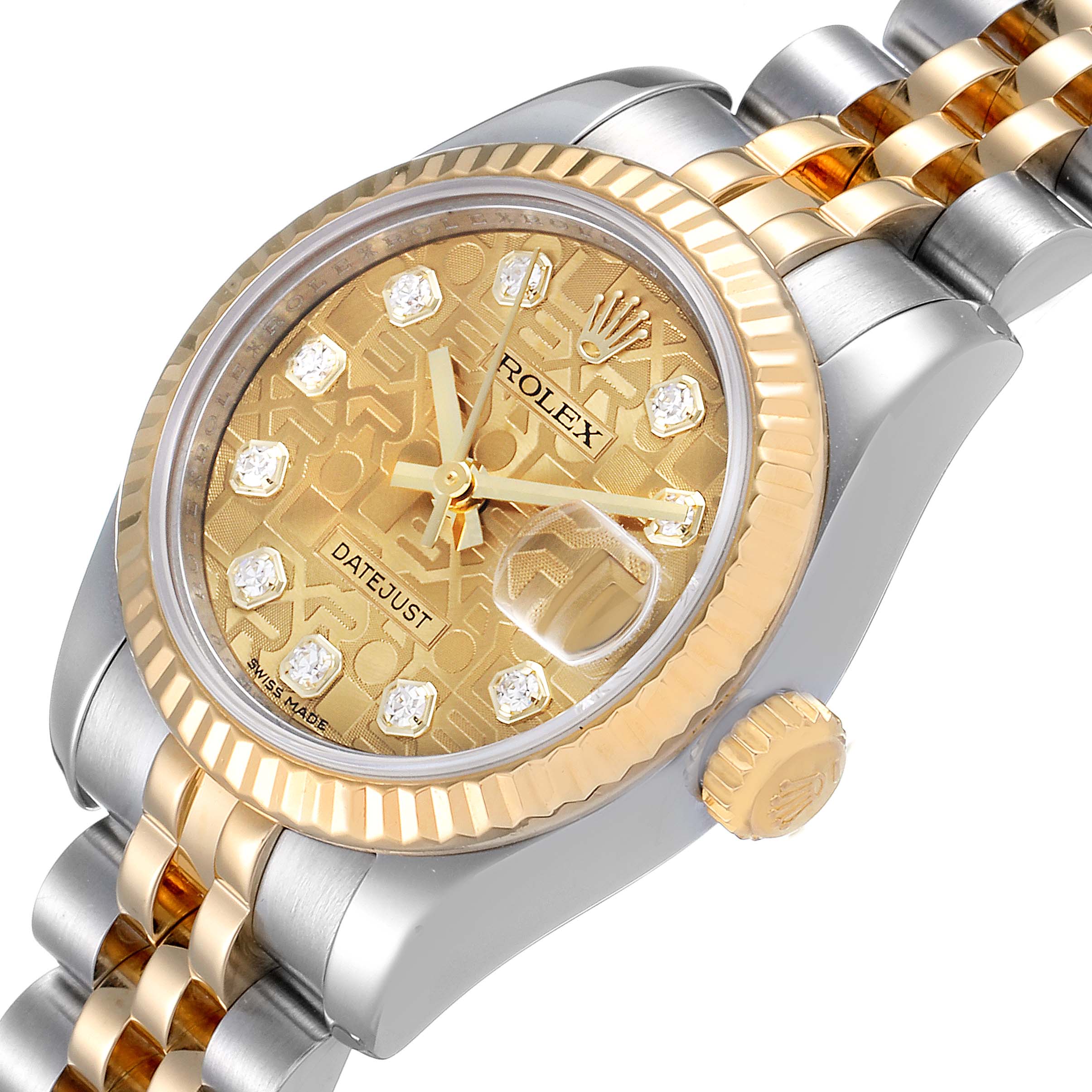 The image shows a Rolex Datejust 179173 Women
s Steel and Gold (two tone) Champagne Dial 179173 Women
s Steel and Gold (two tone) Champagne Dial watch face and part of the bracelet from a top-side angle.