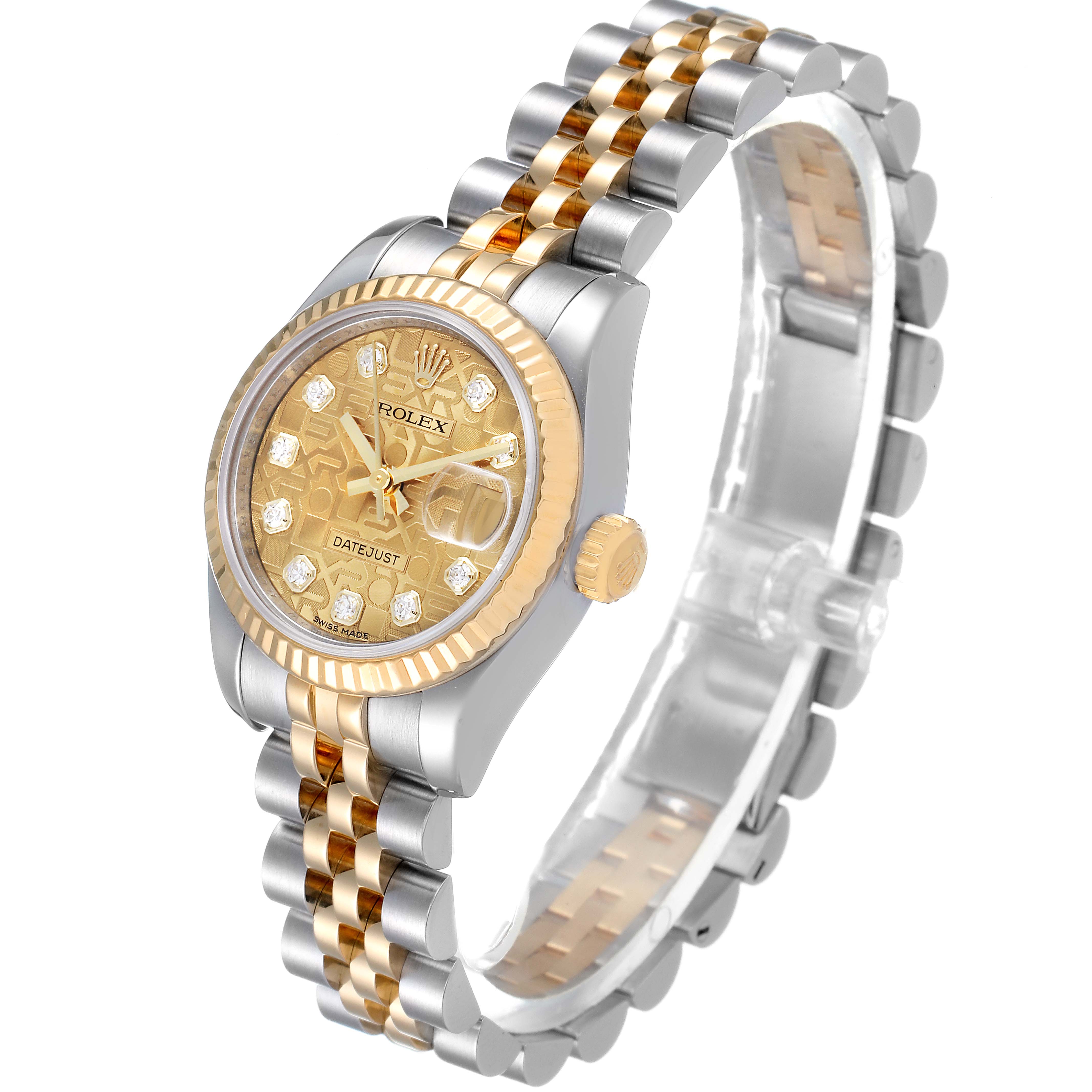 The image shows a Rolex Datejust 179173 Women
s Steel and Gold (two tone) Champagne Dial 179173 Women
s Steel and Gold (two tone) Champagne Dial watch at an angled side view, highlighting its dial, bezel, and bracelet.