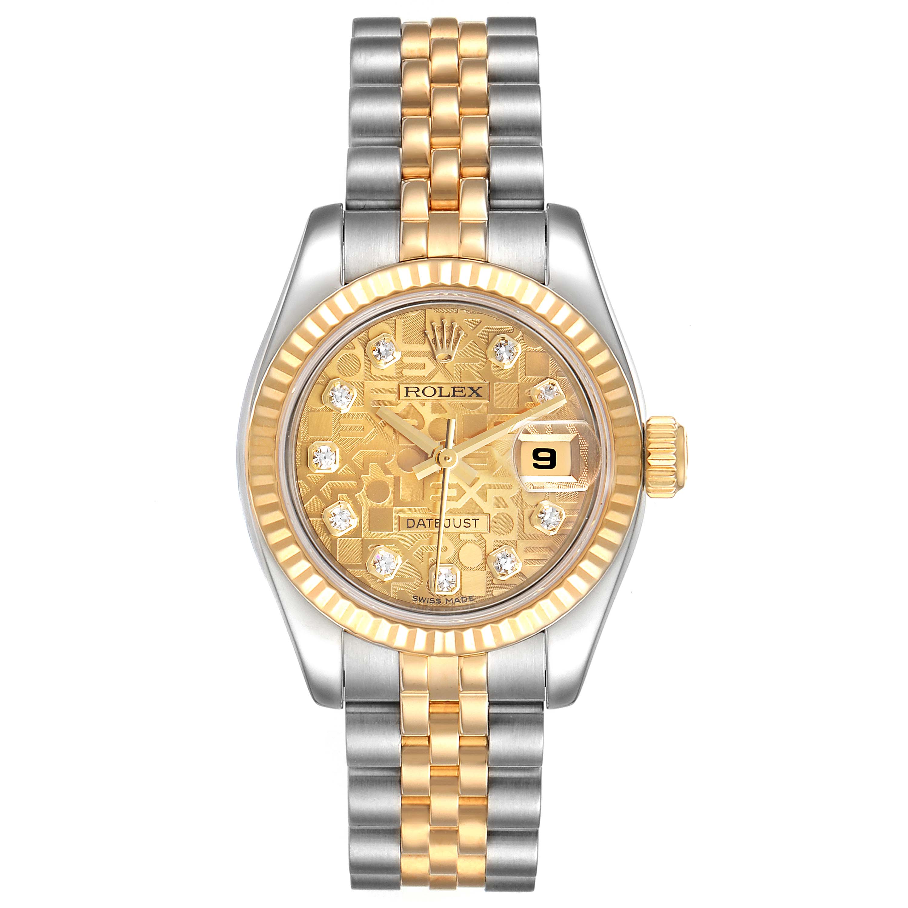 The image shows a frontal view of a Rolex Datejust 179173 Women
s Steel and Gold (two tone) Champagne Dial 179173 Women
s Steel and Gold (two tone) Champagne Dial watch with a two-tone bracelet, gold dial, and date display.