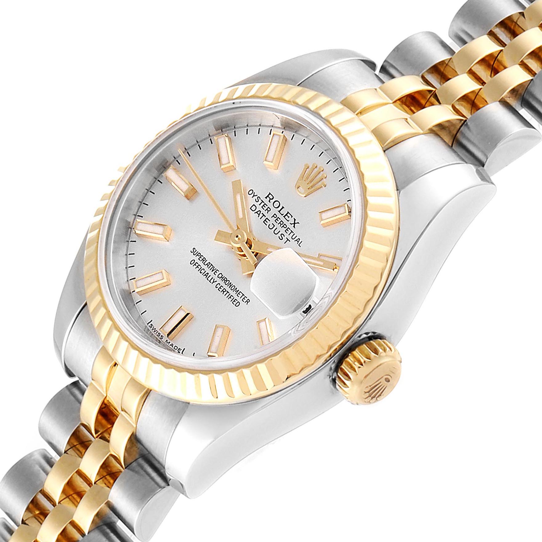 This image shows a Rolex Datejust 179173 Women's Steel and Gold (two tone) Silver Dial 179173 Women's Steel and Gold (two tone) Silver Dial watch at an angle highlighting its bezel, dial, and part of the bracelet.