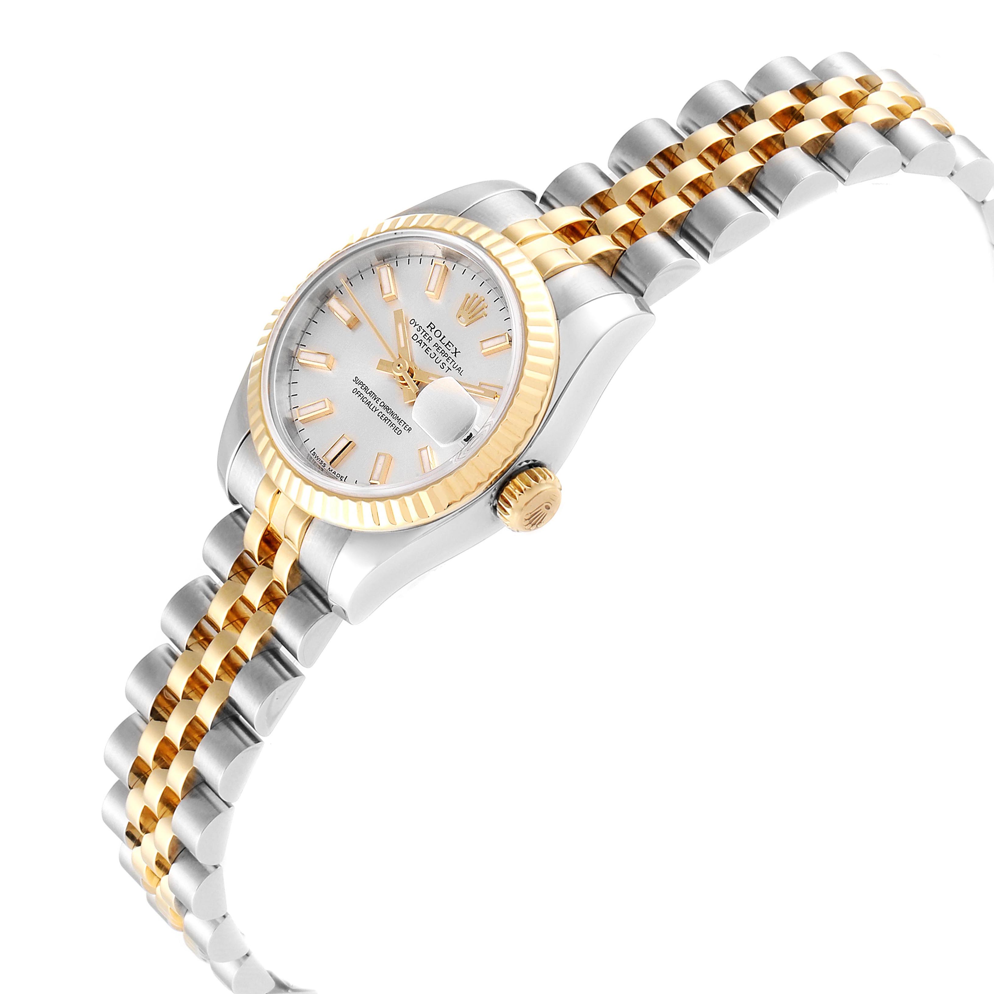 The Rolex Datejust 179173 Women's Steel and Gold (two tone) Silver Dial 179173 Women's Steel and Gold (two tone) Silver Dial watch is shown at a side angle, highlighting the gold bezel, crown, and two-tone bracelet.