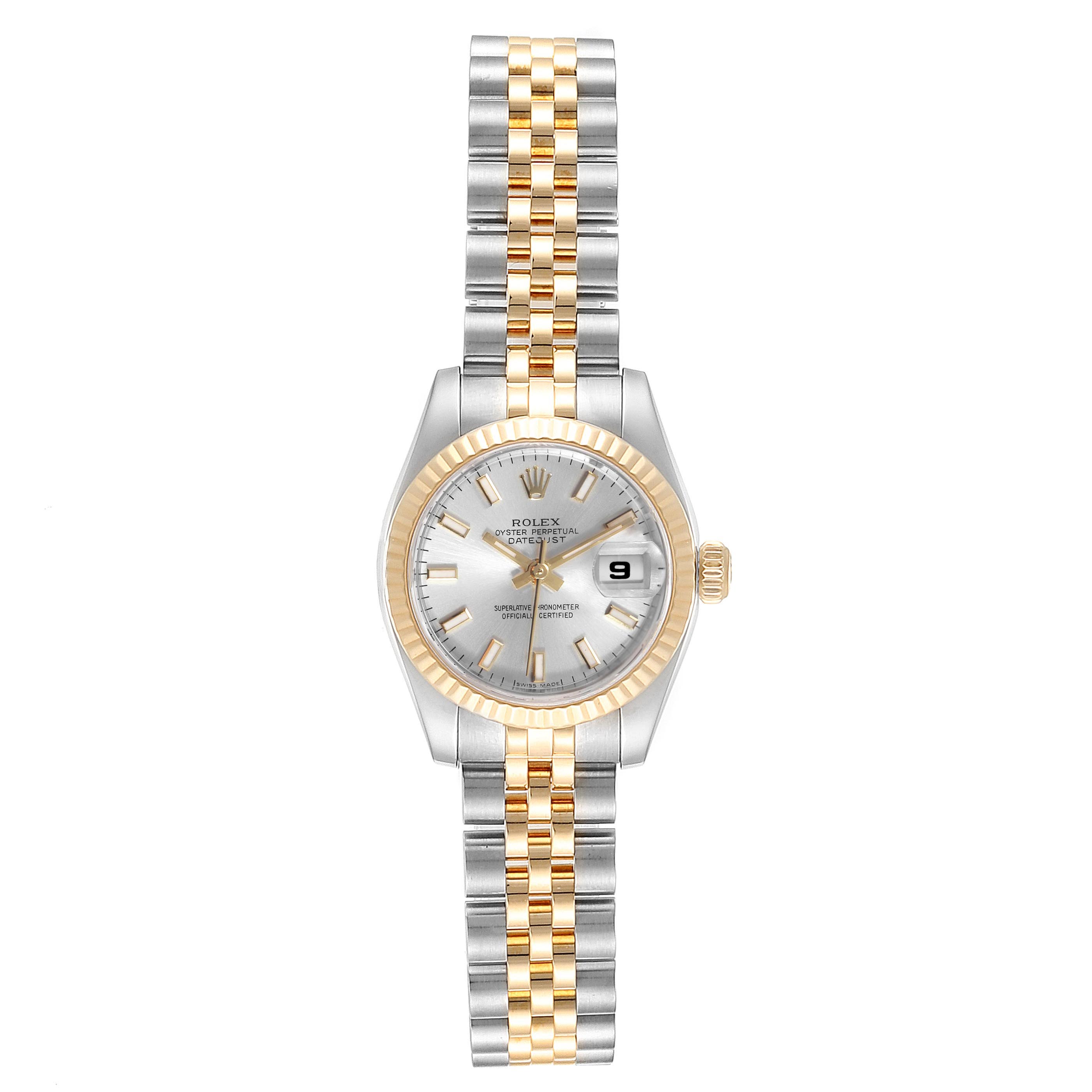 This image shows a front view of a Rolex Datejust 179173 Women's Steel and Gold (two tone) Silver Dial 179173 Women's Steel and Gold (two tone) Silver Dial watch, highlighting the face, bezel, crown, and bracelet.