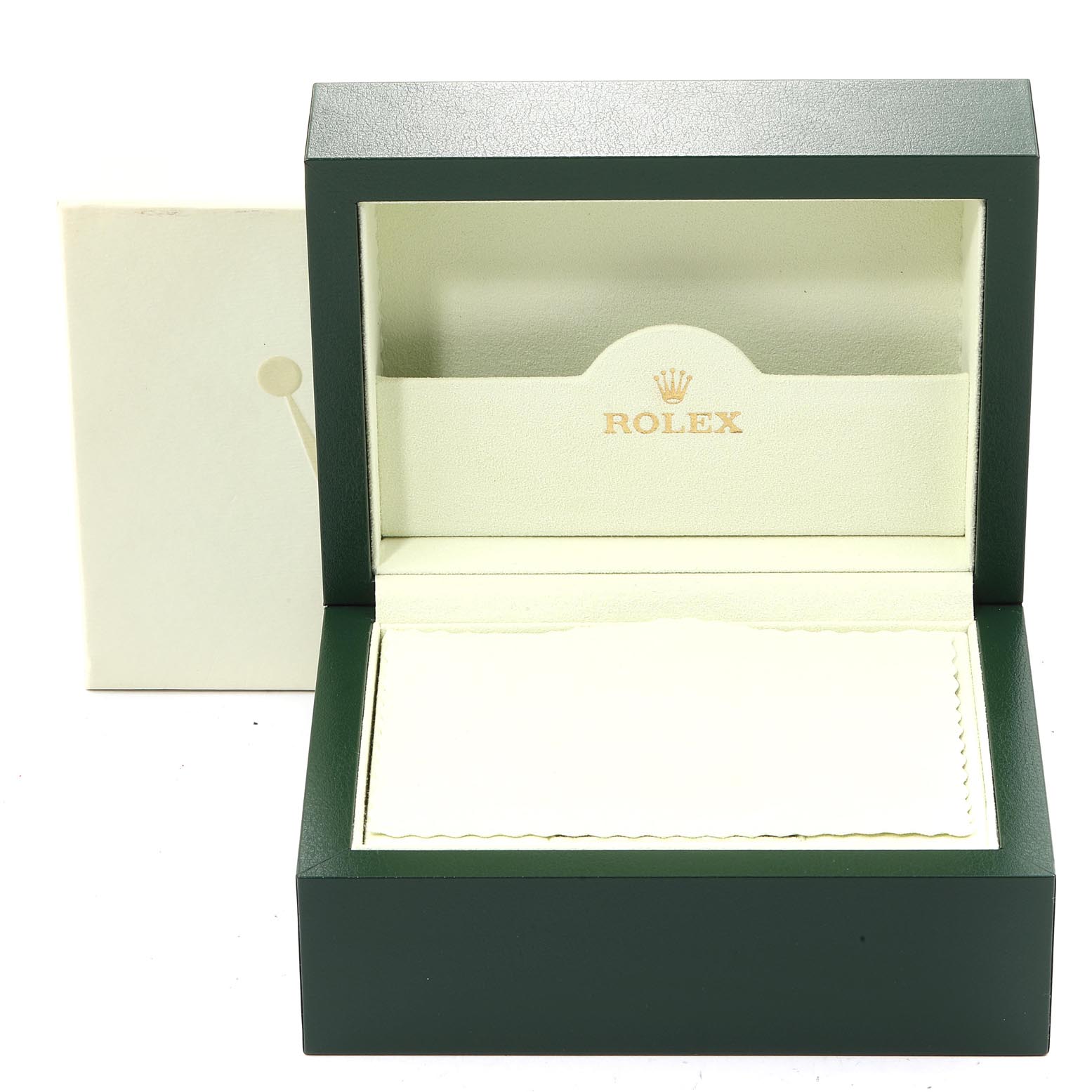 The image shows an open green Rolex box for the Datejust model, displaying internal padding and the Rolex logo.