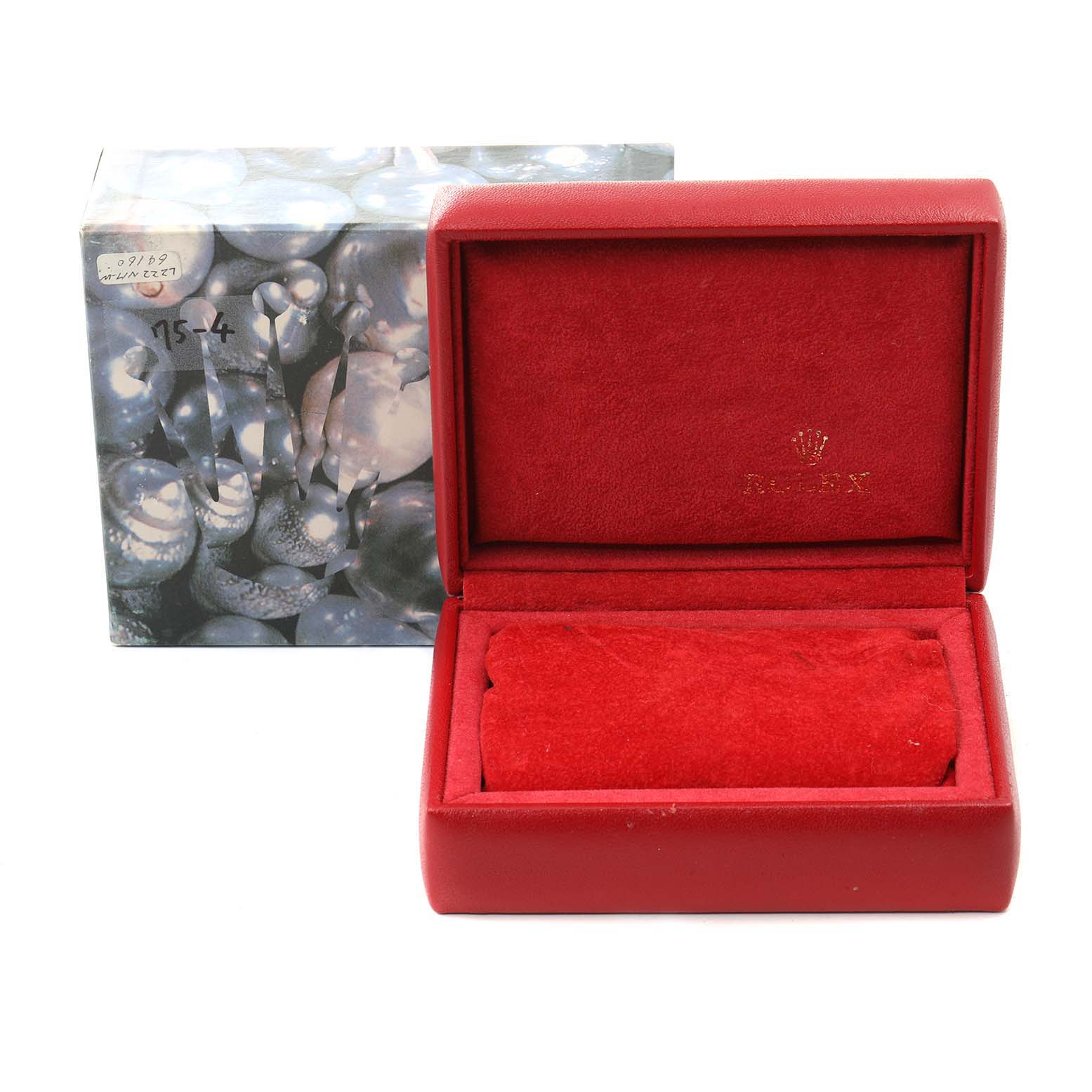 This image displays a red Rolex Datejust 69173 Women
s Steel and Gold (two tone) Champagne Dial 69173 Women
s Steel and Gold (two tone) Champagne Dial watch box and its decorative outer box, both shown from the front.