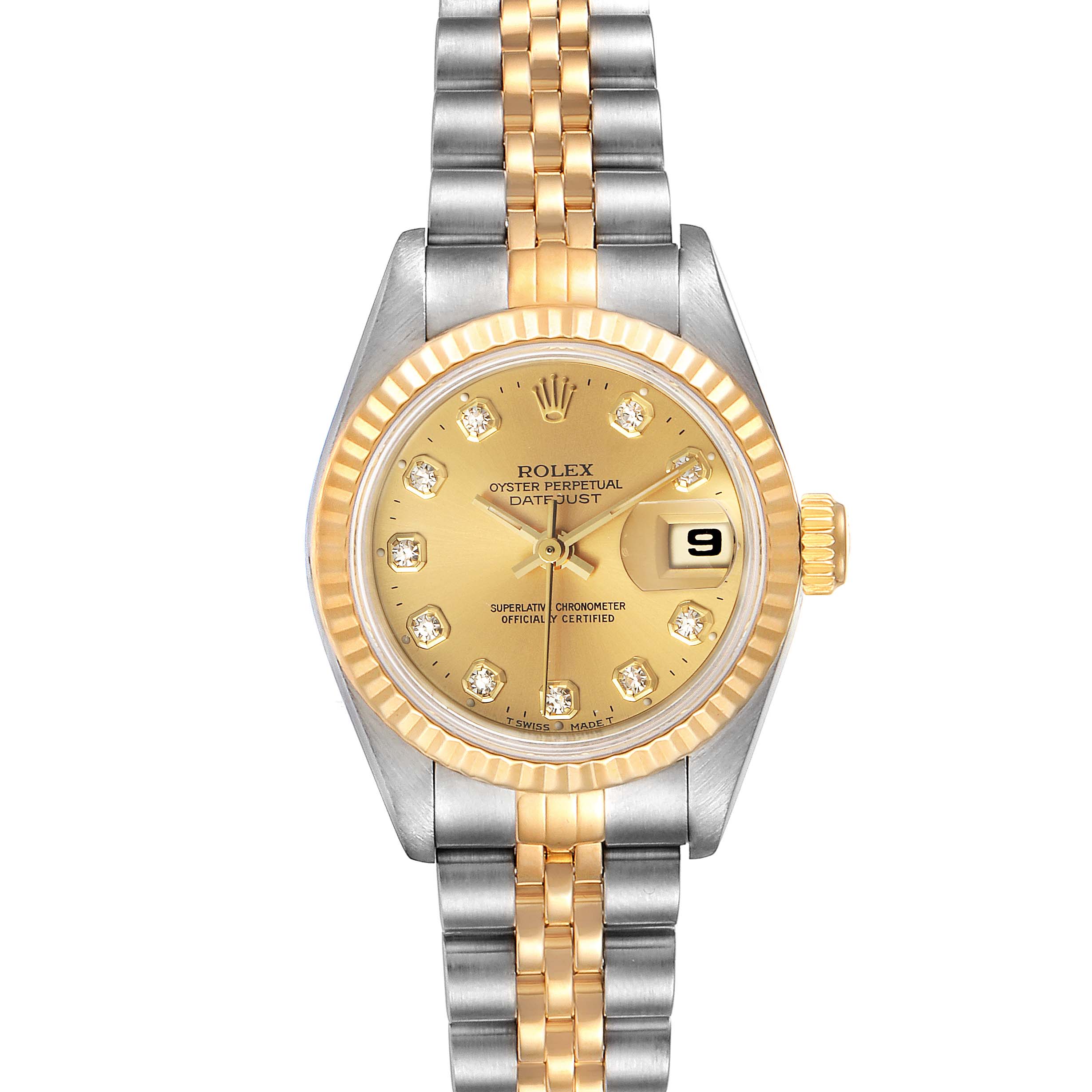 The image shows a Rolex Datejust 69173 Women
s Steel and Gold (two tone) Champagne Dial 69173 Women
s Steel and Gold (two tone) Champagne Dial watch from a front angle, highlighting the dial, bezel, and bracelet.