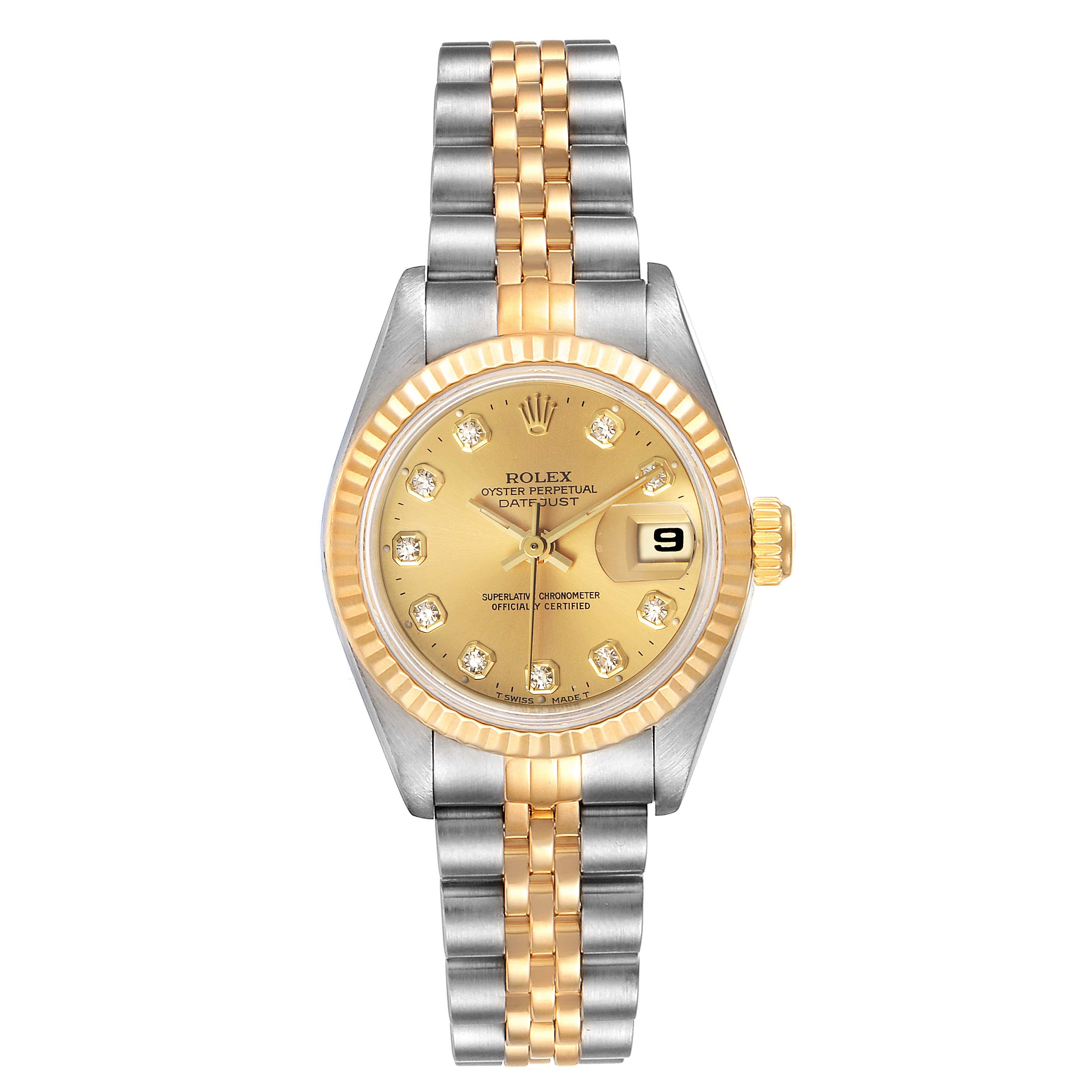 The Rolex Datejust 69173 Women
s Steel and Gold (two tone) Champagne Dial 69173 Women
s Steel and Gold (two tone) Champagne Dial watch shown is viewed from the front, displaying its face, bezel, dial, and bracelet.